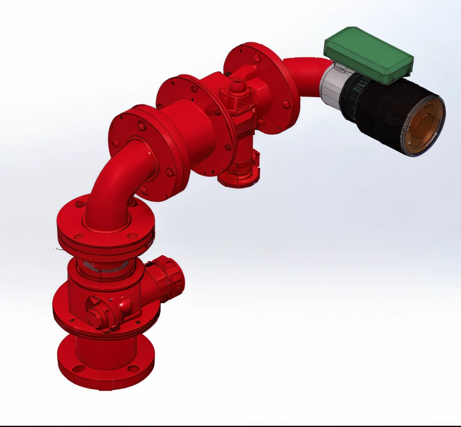 a close-up of a red fire hydrant with a green valve, SolidWorks, imagem do produto de alta qualidade", Cfd, isometric vision, detailed mechanical design, conceitual, Directed by: Lajos Vajda, Valves, digital render, imagem vazada, 3D, ..3d, product design render, Modelado em 3D, Cad, Completo - Ver, Modelo 3D, Fundo preto