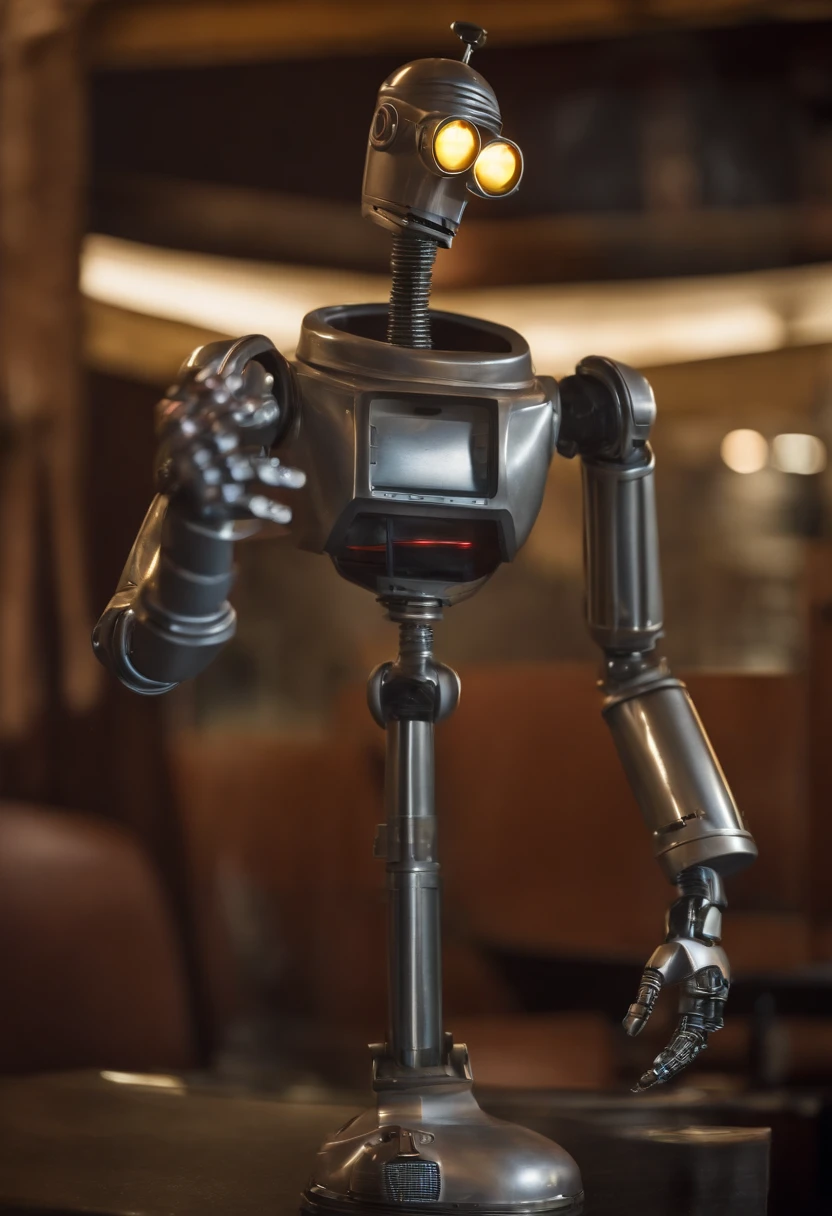 A photo of Bender at a robot strip club,Futurama,He often has a beer and cigar. Being that he is a robot, he doesn’t wear clothes. He is gray and made of simple geometric shapes. His arms are flexible tubes. His body has a "shiny metal ass", two legs, two "Extens-o-matic" arms (right called "Gropie" and left "Cheatie" by Bender) with three fingers each, a head with two replaceable eyes shaped like light-emitting diodes, and a mouth used for fuel intake and voice communication. , male