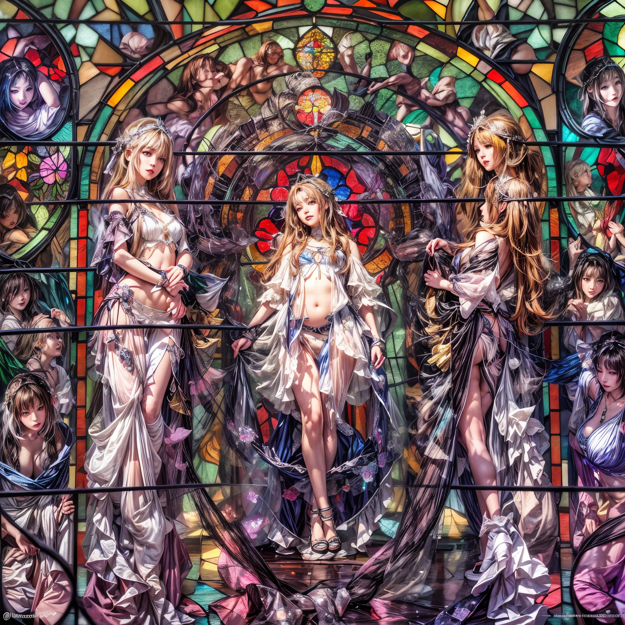 (stained glass Background, Masterpiece, White and vivid colors, (Exposed:1.2), (nipple:-0.9)), (9 sexy junior idols in row), ((face variations, Hair variations)), { Navel | Ass }, portrayed in the best quality and high resolution. The image should be ultra-detailed, realistic, and photorealistic with a touch of rawness. Strange wear. concept art. The color tone should be vibrant and vivid, enhancing the overall visual impact. (Whole Body proportions and all limbs are anatomically accurate), (Vivid Colorful light shines through the delicate stained glass).