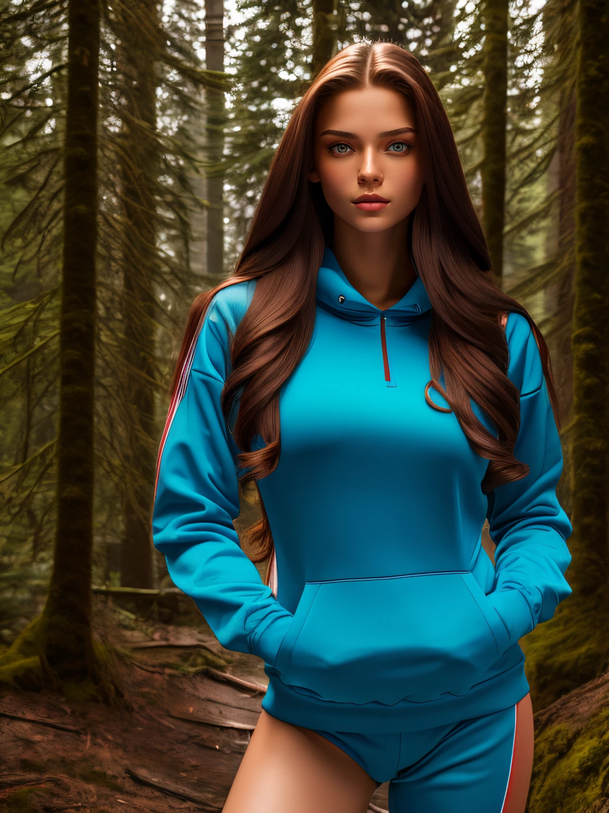 tmasterpiece, beste-Qualit, Beautiful Russian girl 18 years old, red long hair, fine face, (Cyan eyes), tracksuit, big breastes, Posing, shapely thighs, Gap between the legs, hyper realisitc, Highly detailed, photo realism, Against the backdrop of a winter forest, winter goddess,