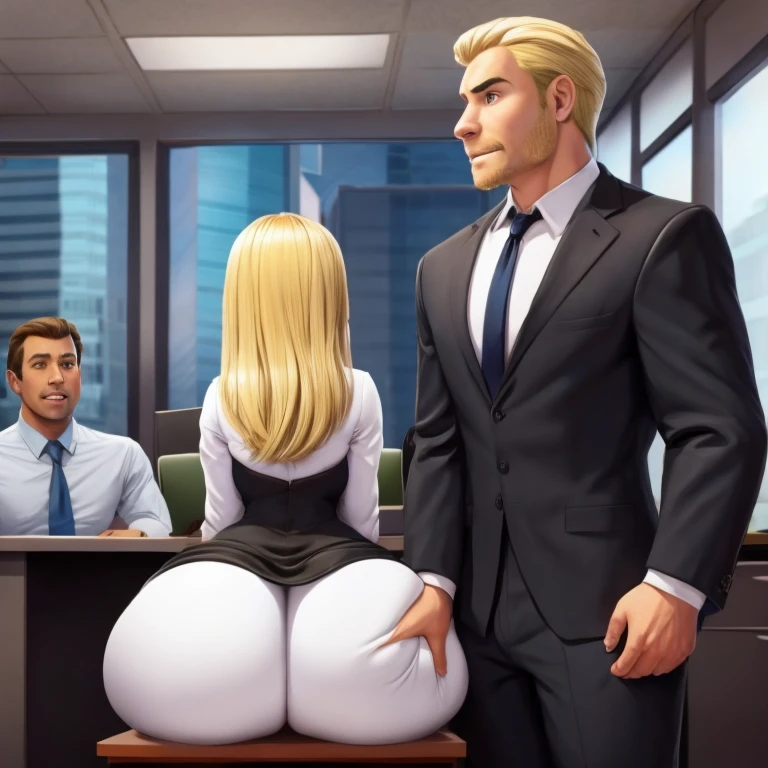 In an office environment. A woman with blonde hair, wide hips, and a big thick ass is wearing a tight black dress. The Woman is standing at a desk. There are two men in the scene (mam1) and (man2). Man1 is standing beside her groping and grabbing her big ass. The man is looking at man2 smiling. Man2 is sitting in a chair staring at the woman's big ass looking very hurt and upset.