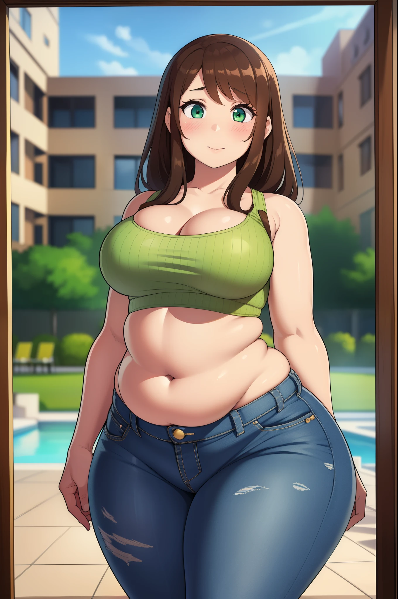 ((highres)), Masterpiece, high quality, best quality, beautiful, perfect lighting, detailed face, ultra cute face, ((1girl)), ((solo)), blush, brown hair, green eyes, crop top, jeans, hotel lobby, medium breasts, perky breasts, cleavage, ((wide hips)), ((thick thighs)), ((chubby)), pudgy belly, fat rolls,