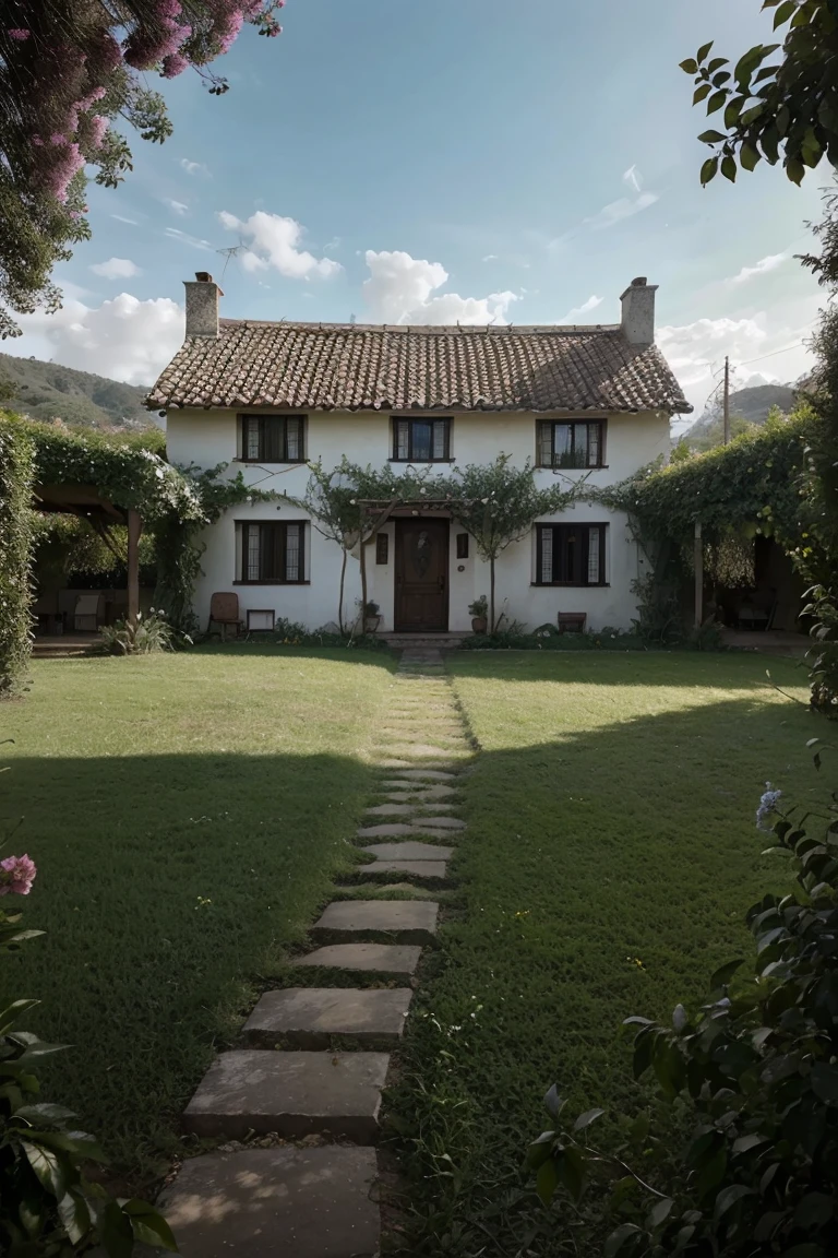 "Crea una imagen de alta calidad usando inteligencia artificial, with advanced levels of detail and a cinematic style. Imagine a rural scene with a charming house surrounded by vibrant flowers and robust fruit trees.. Capture los intrincados detalles de las flores en flor., the rustic elegance of the house, and the lush foliage of fruit trees. Use cinematic elements to infuse the scene with a visually appealing atmosphere., destacando la belleza y tranquilidad de un entorno rural. Deja que el juego de luces y sombras realce la riqueza del paisaje., creando una imagen cautivadora de serenidad pastoral."