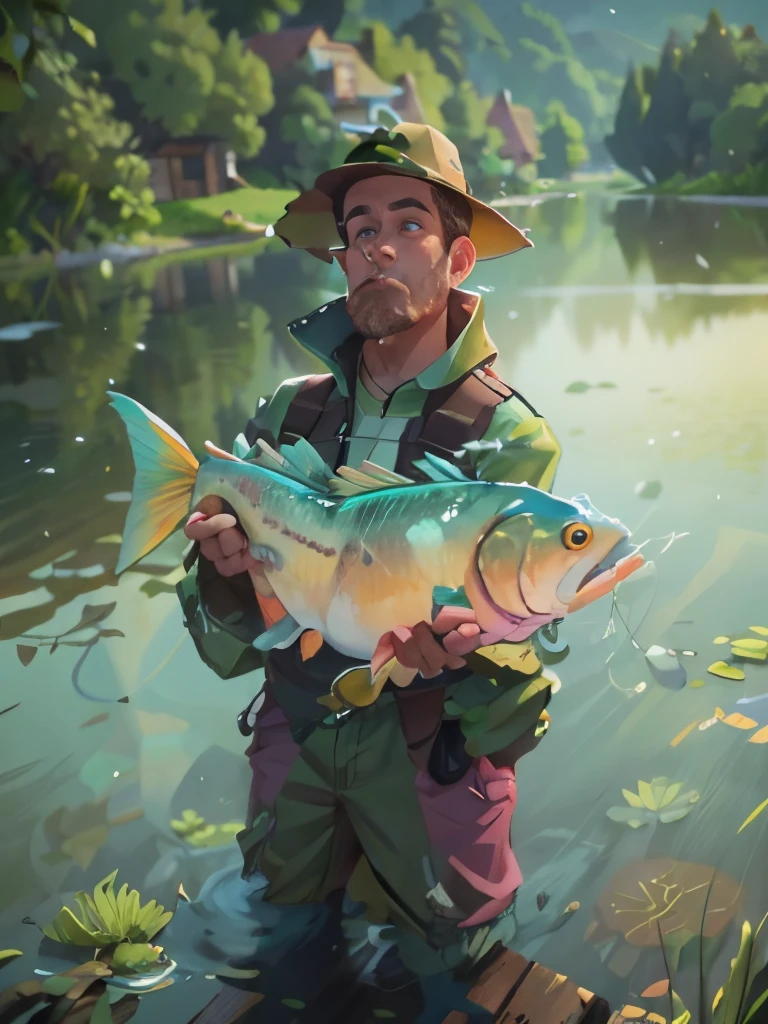 Adult man on top of a deck with green fishing hat and pink shirt, pescando numa lagoa