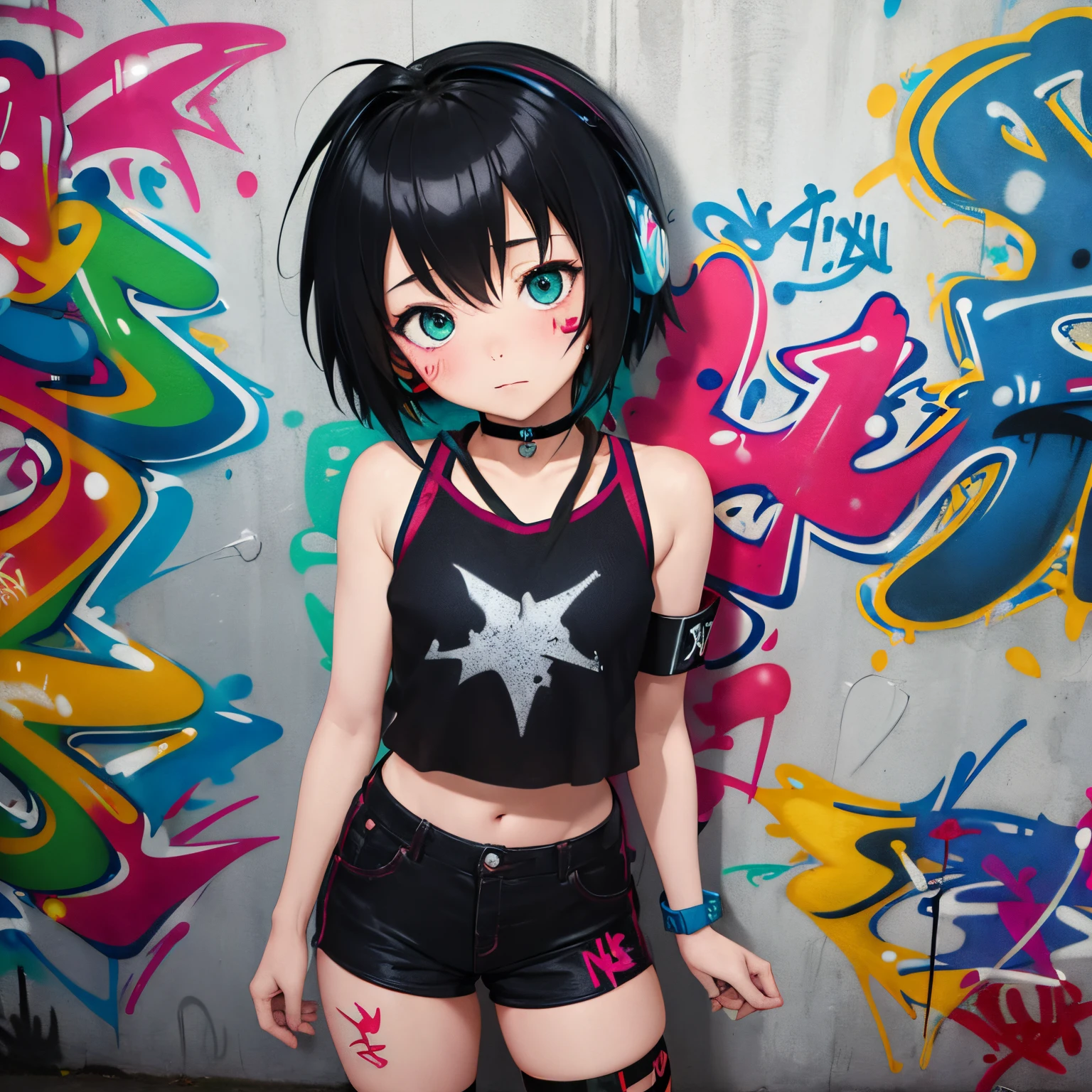 masterpiece, best quality, peni parker  loli 1girl, child  solo, crop top,  pantie , choker, (graffiti:1.5), paint splatter, arms behind back, against wall, looking at viewer, armband, thigh strap, paint on body, head tilt, bored,  aqua eyes, headset, infant body.