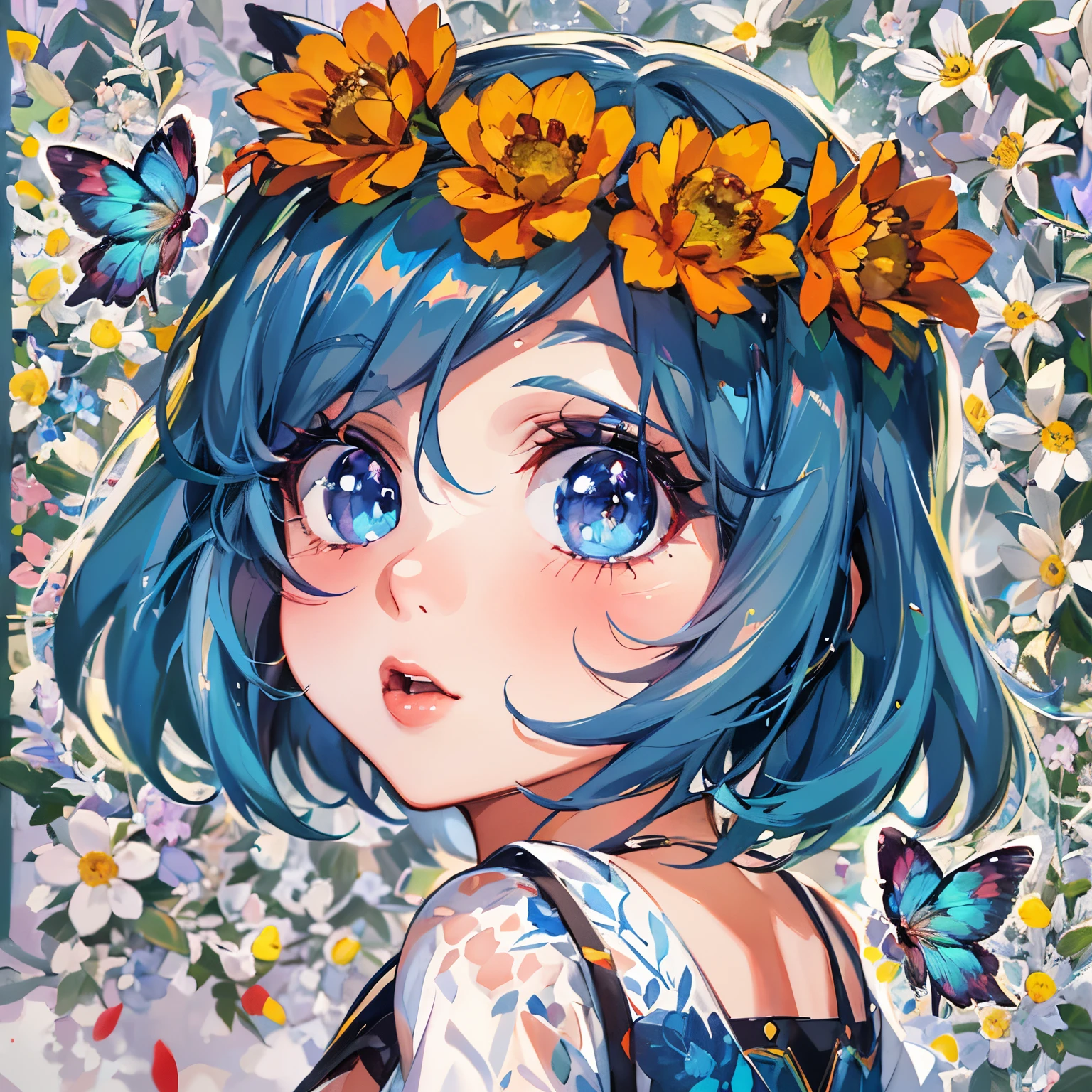 a close up of a cartoon girl with blue hair and flowers in her hair, beautiful anime art style, anime style 4 k, anime style portrait, kawaii realistic portrait, anime art style, detailed digital anime art, anime moe artstyle, beautiful anime style, anime artstyle, realistic anime art style, beautiful anime portrait, anime style. 8k, anime styled digital art (best quality,4k,highres,masterpiece:1.2),ultra-detailed,realistic,photorealistic:1.37,portrait,beautiful face,sparkling eyes,delicate nose,luscious lips,perfect skin texture,detailed hair,subtle expressions,soft lighting,fine brushstrokes,vivid colors,subtle shadows,professional composition,high level of realism,studio lighting,bokeh