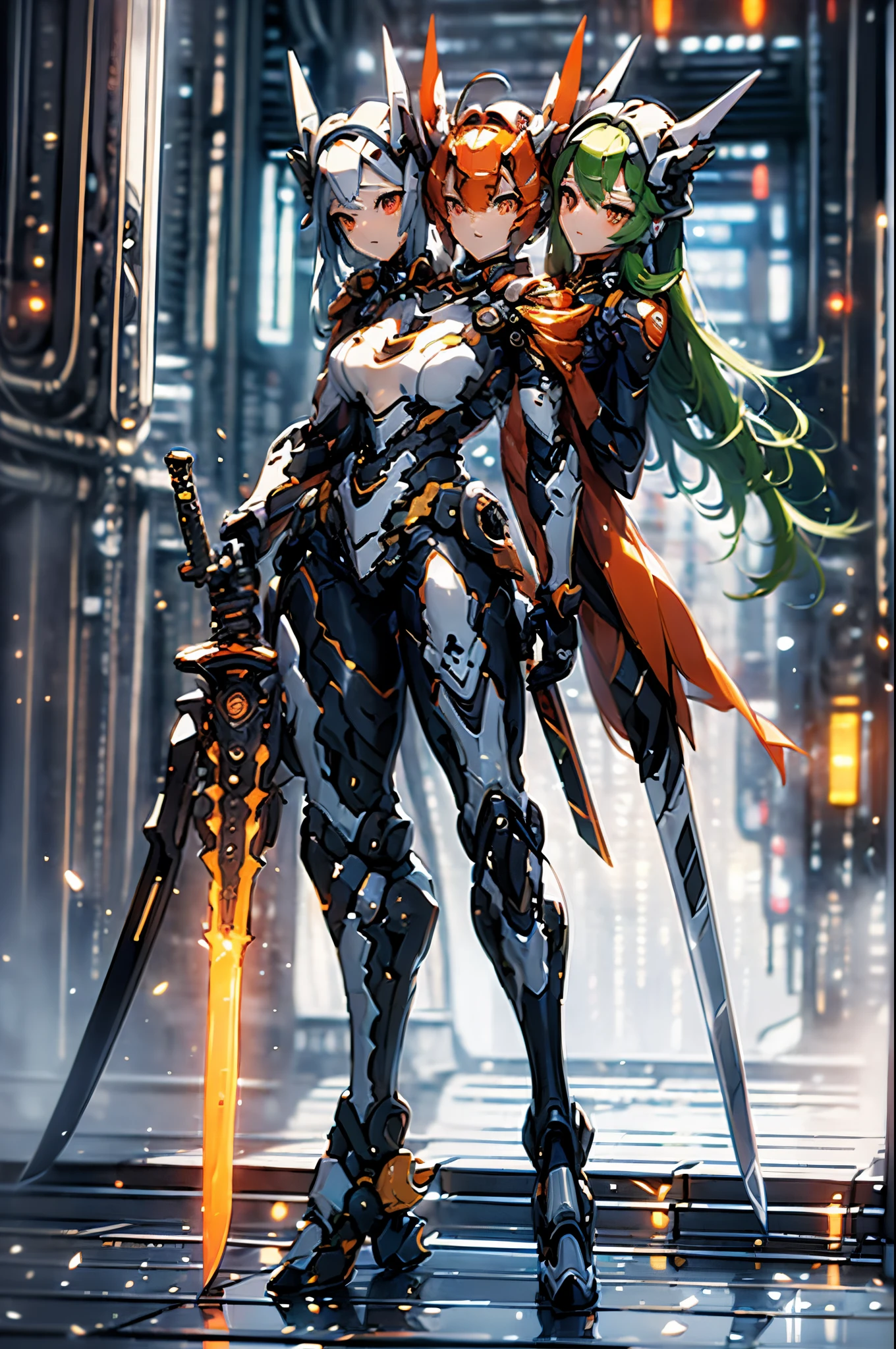 (3heads:1.5), mecha_musume, 1girl, long_hair, science_fiction, weapon, sword, holding_sword, orange_eyes, solo, headgear, holding_weapon, mecha, standing