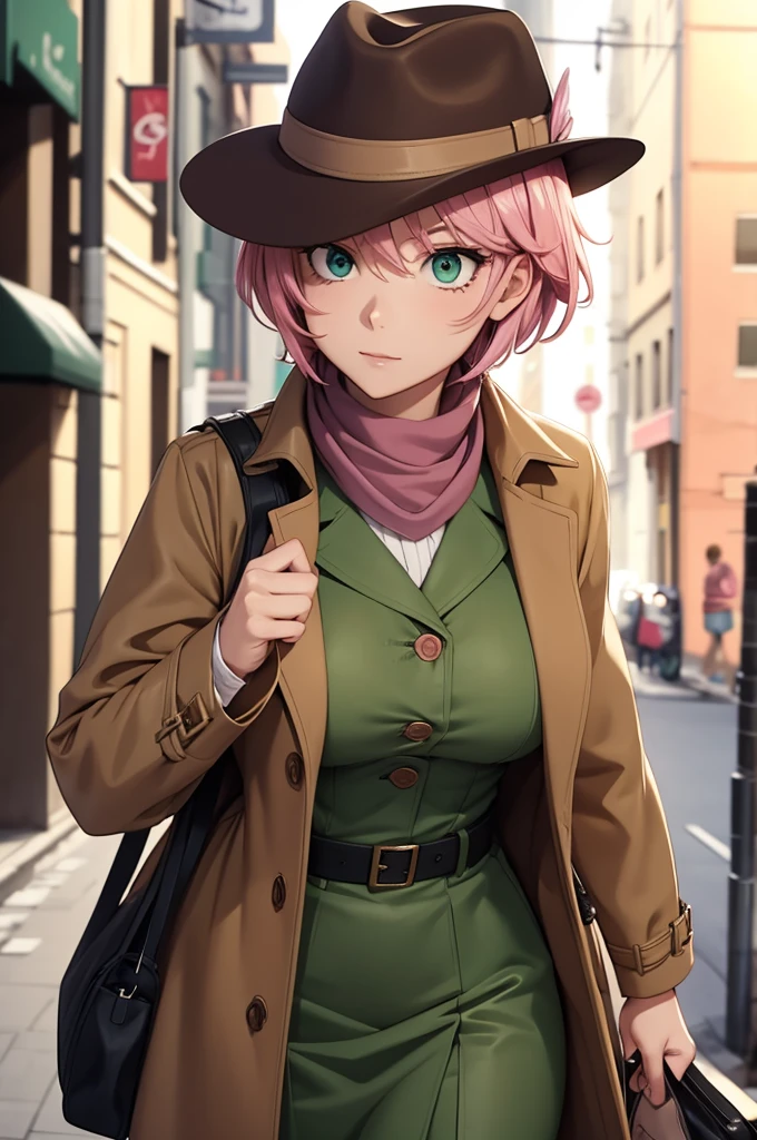 Anime Detective Woman, Pink Short hair, green eyes, brown trench coat, brown detective fedora, green scarf.