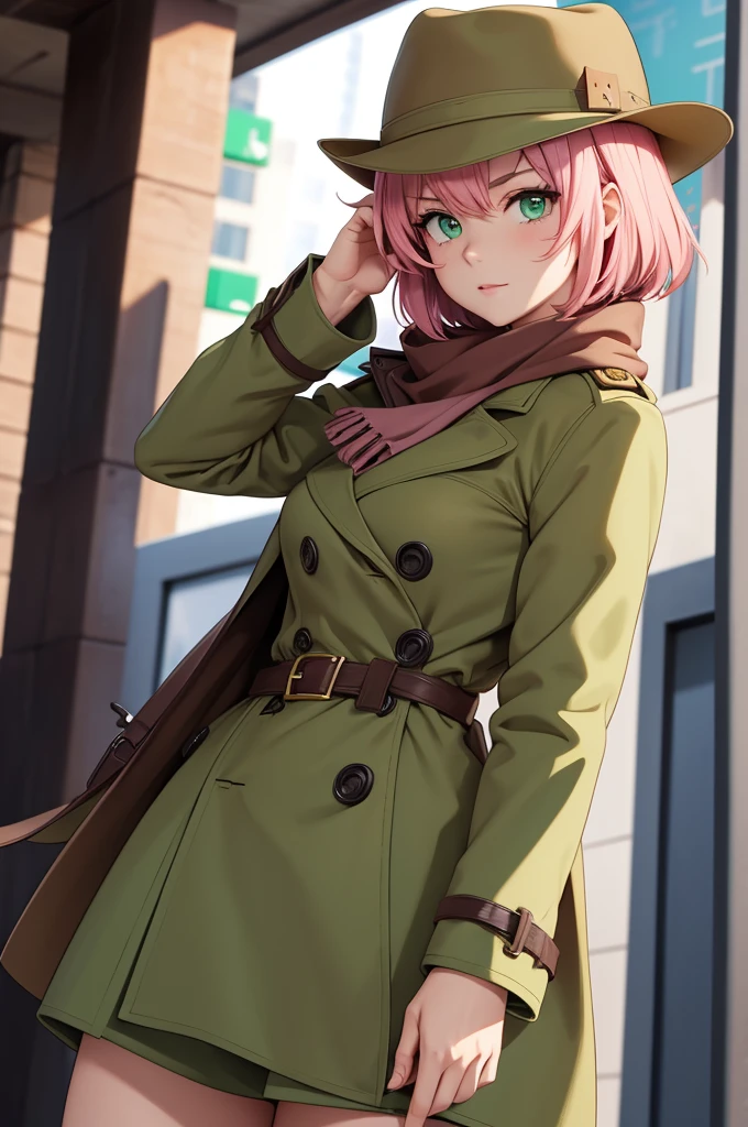 Anime Detective Woman, Pink Short hair, green eyes, brown trench coat, brown detective fedora, green scarf.