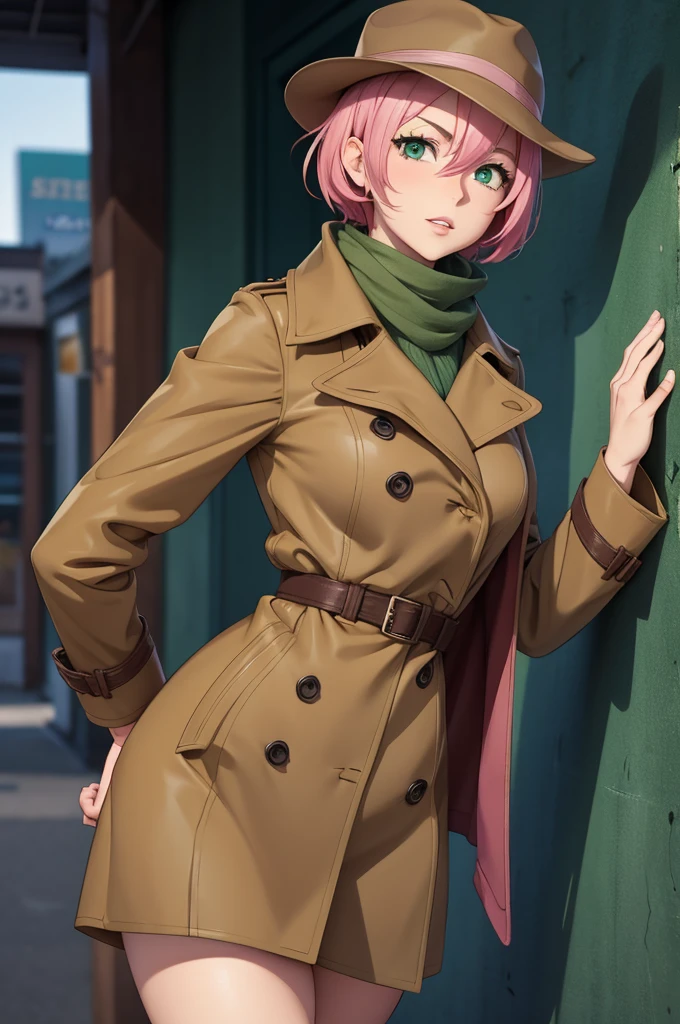 Anime Detective Woman, Pink Short hair, green eyes, brown trench coat, brown detective fedora, green scarf.