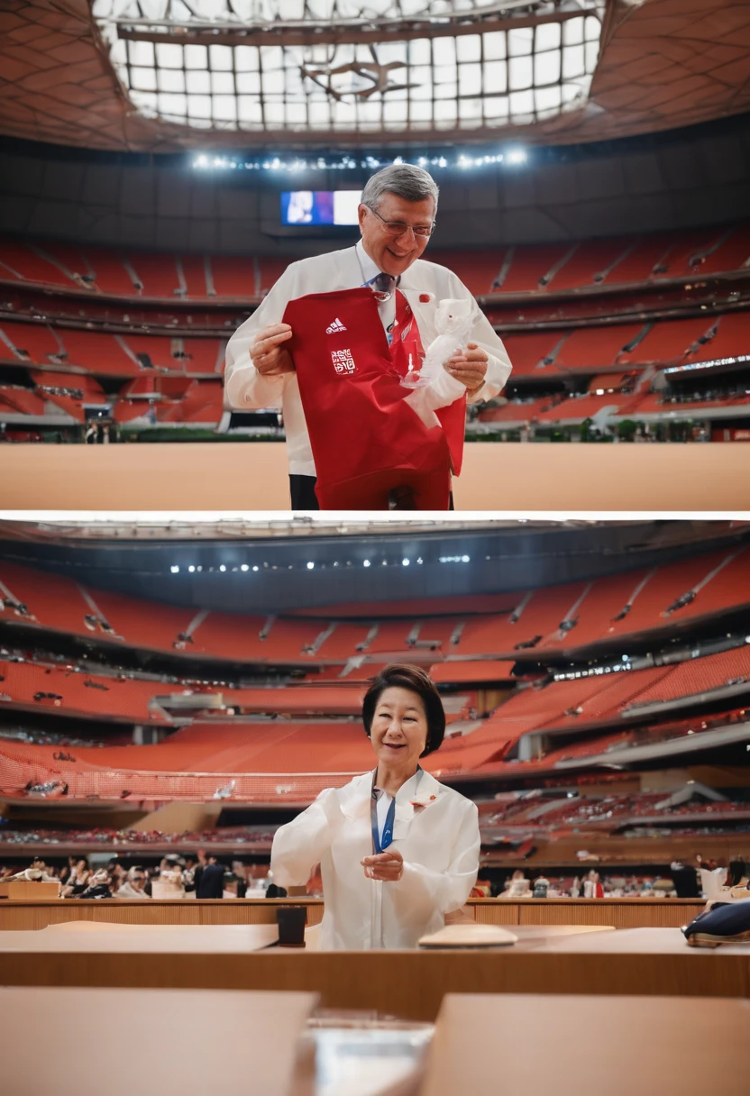 In the reception room of Japan&#39;s National Stadium、To IOC President Thomas Bach、Japan&#39;s sly prime minister hands out big, expensive gift、Olympic and Paralympic marks in the background、
