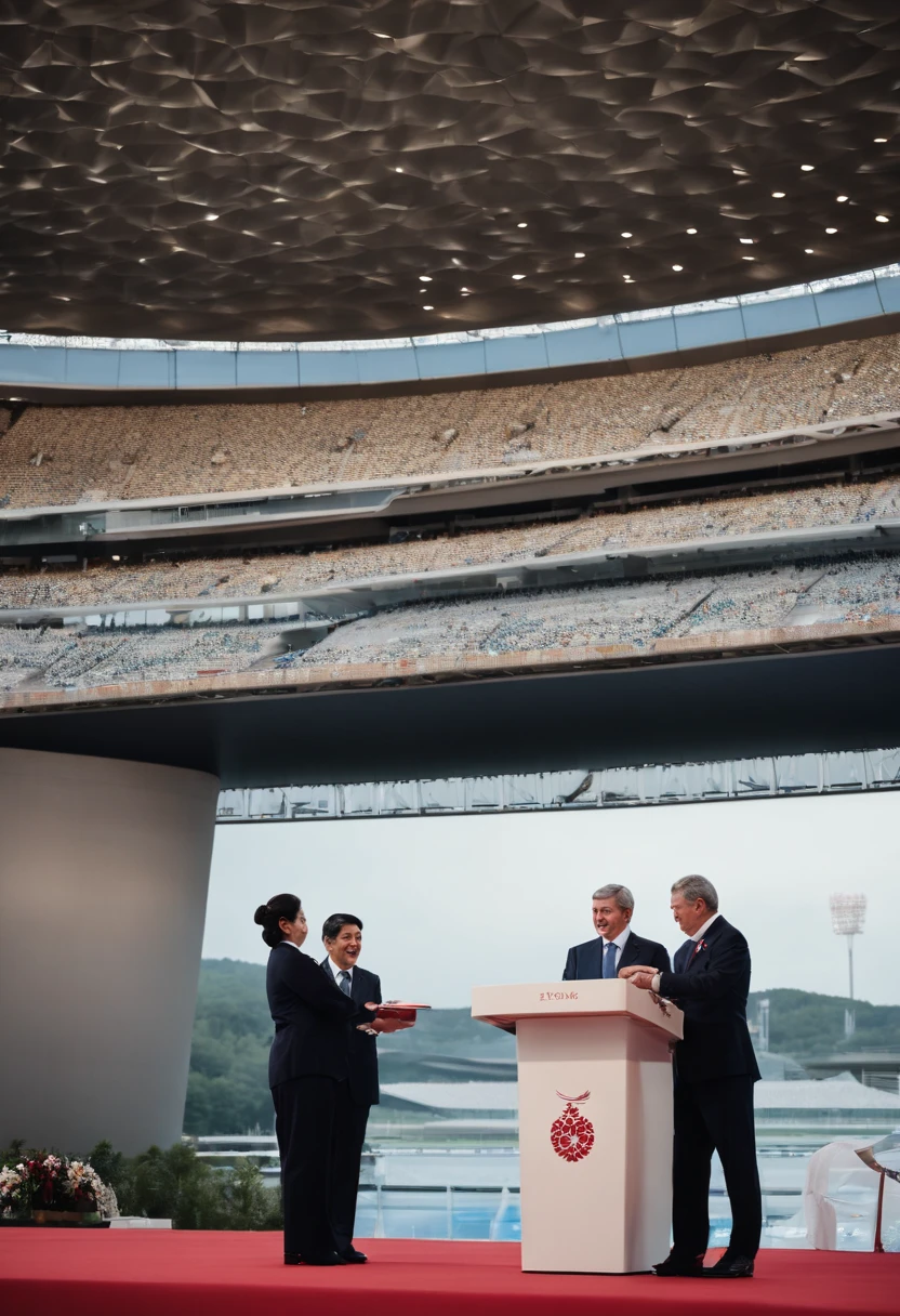 In the reception room of Japan's National Stadium、To IOC President Thomas Bach、Japan's sly prime minister hands out big, expensive gift、Olympic and Paralympic marks in the background、