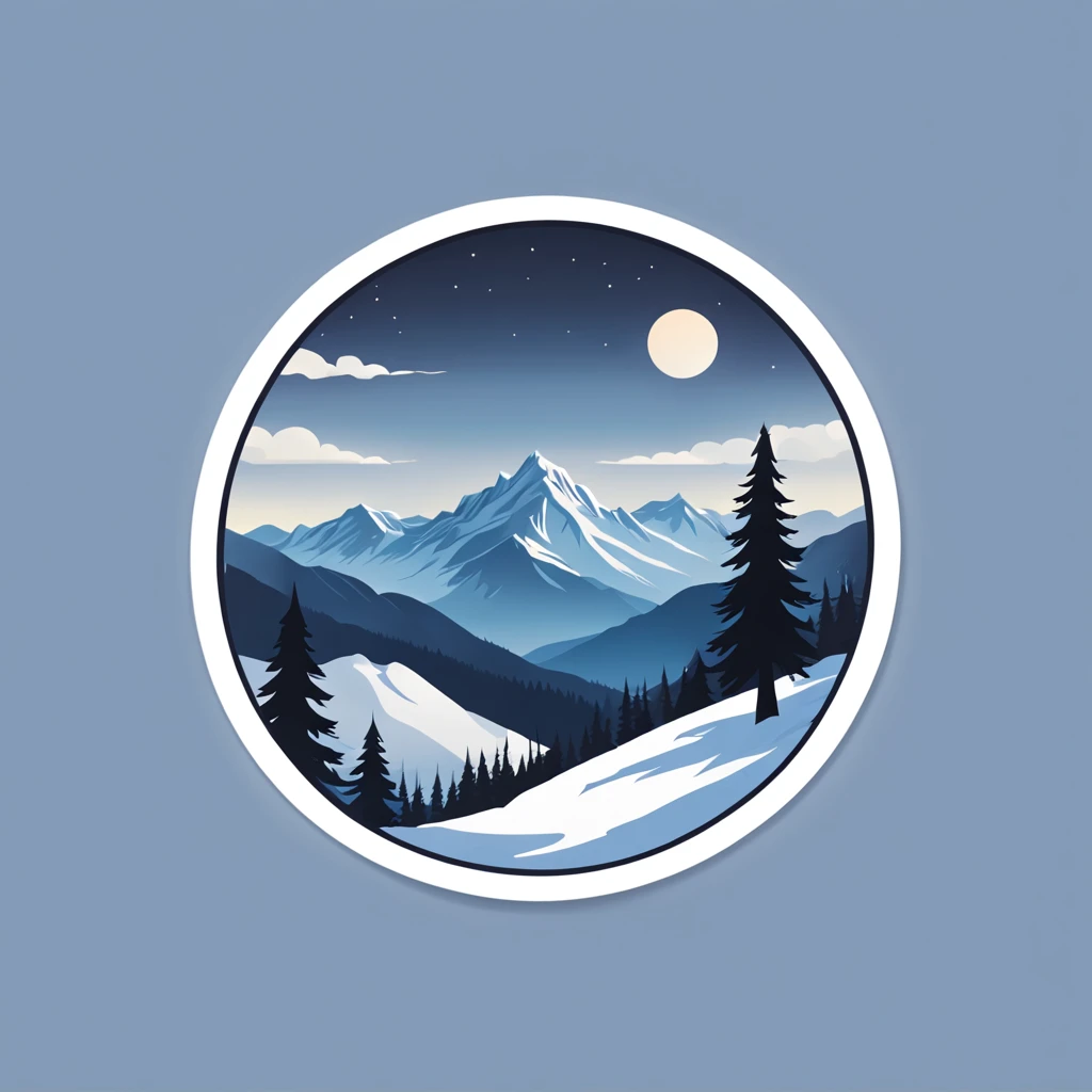 (Sticker),White background,(in circle), winter mountain with pine tree, ,Simple, Ultra detailed, Detailed drawing, vectorised, Silhouette, 8K, professional sticker design, Flat design, Vector lines, Sticker, Full-HD