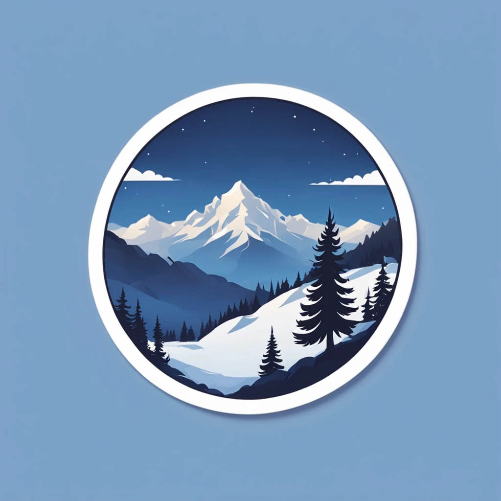 (Sticker),White background,(in circle), winter mountain with pine tree, ,Simple, Ultra detailed, Detailed drawing, vectorised, Silhouette, 8K, professional sticker design, Flat design, Vector lines, Sticker, Full-HD