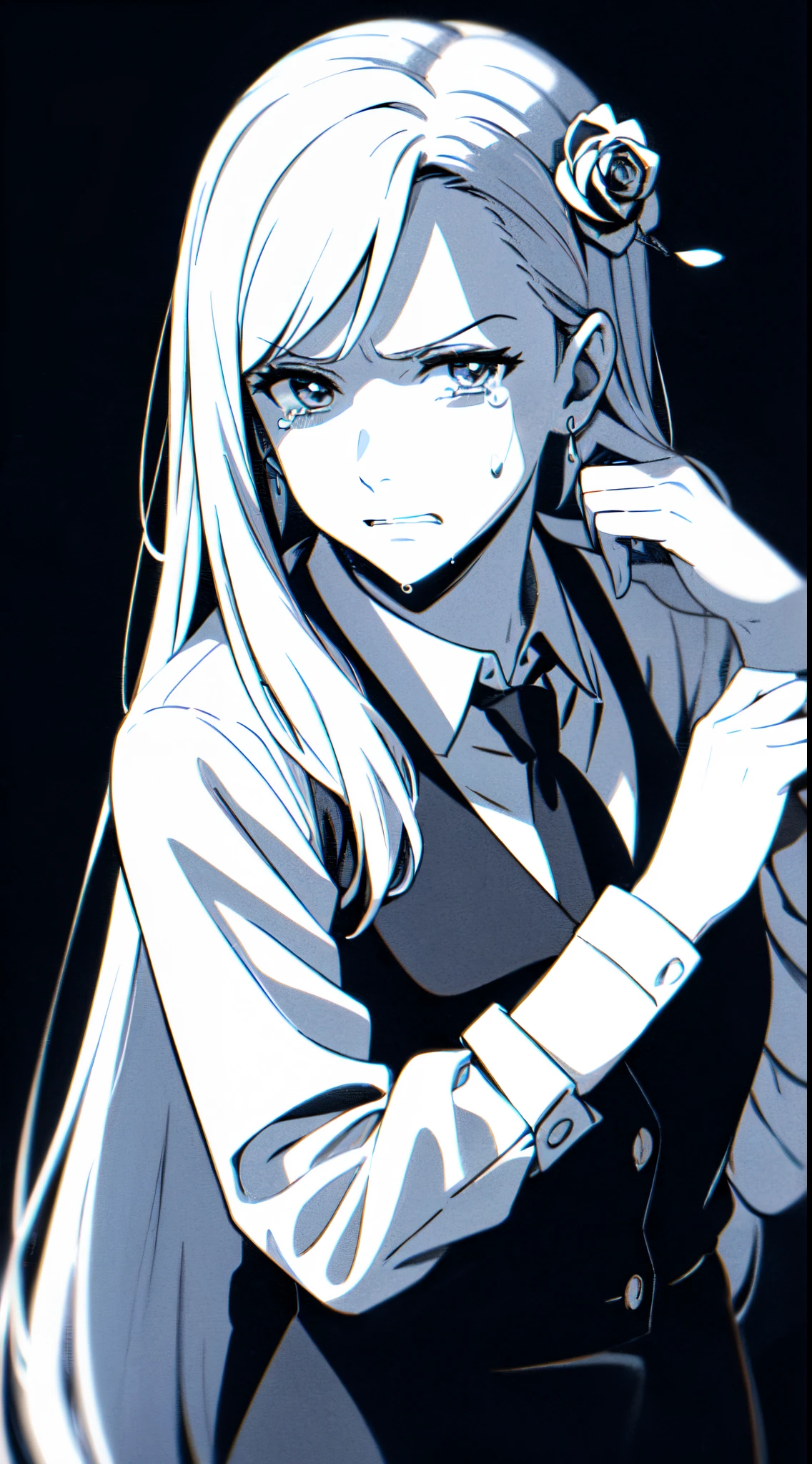 1girl (mature woman) (solo) with very long white hair, crying with closed mouth. look at viewer, angry. Gritting teeth. Her hand after slapping viewer. Wearing shirt necktie. Wear rose hair ornaments. Earring. Monochrome/Black and White, black background