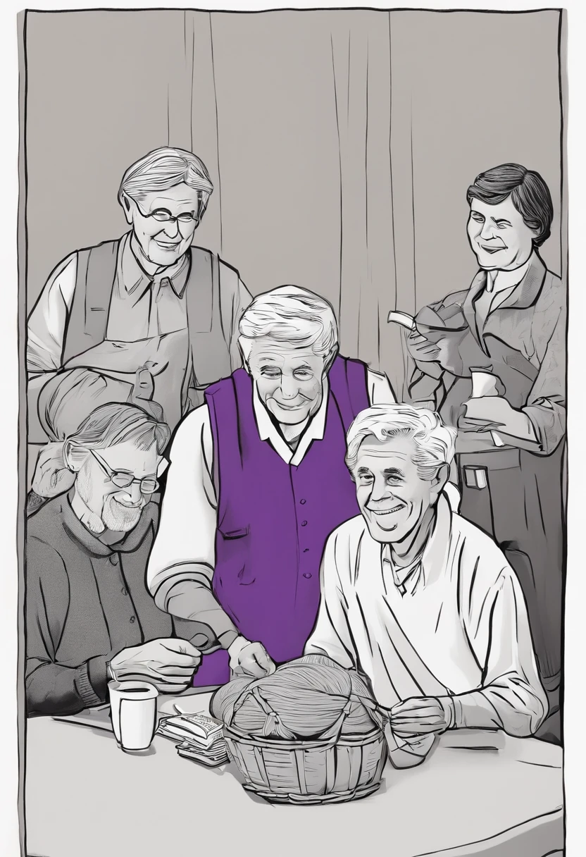 A photo of the character leading a group in a Tuesday afternoon knitting and storytelling session at the local senior center.,original,silver haired man with purple eyes, kind face, sweet smile, sharp features, late teens, male