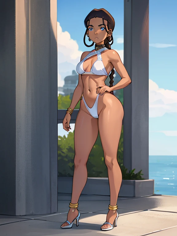 masterpiece, best quality, 1girl, katara, toned, dark skin, braid, jewelry, looking at viewer, tiny white thin string bikini top, breast slip, long legs, white high heels, body standing , anklet, luxury, sunshine, no panties, blue eyes, exposed small breasts, dripping wet, Full body,