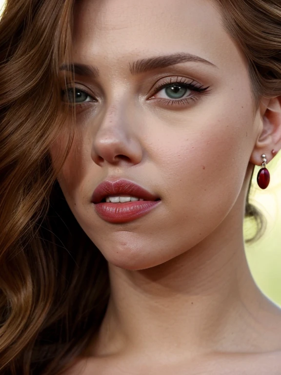 dark green eyes, light brown thick wavy hair, hair at chest level, eye shape almond, curled eyelashes, wheat skin ,arafed up close shot of a woman with red lipstick and earrings, portrait of scarlett johansson, scarlett hooft, young scarlett johansson, scarlet johansen, elizabeth olsen, both have red lips, scarlett johansson black widow