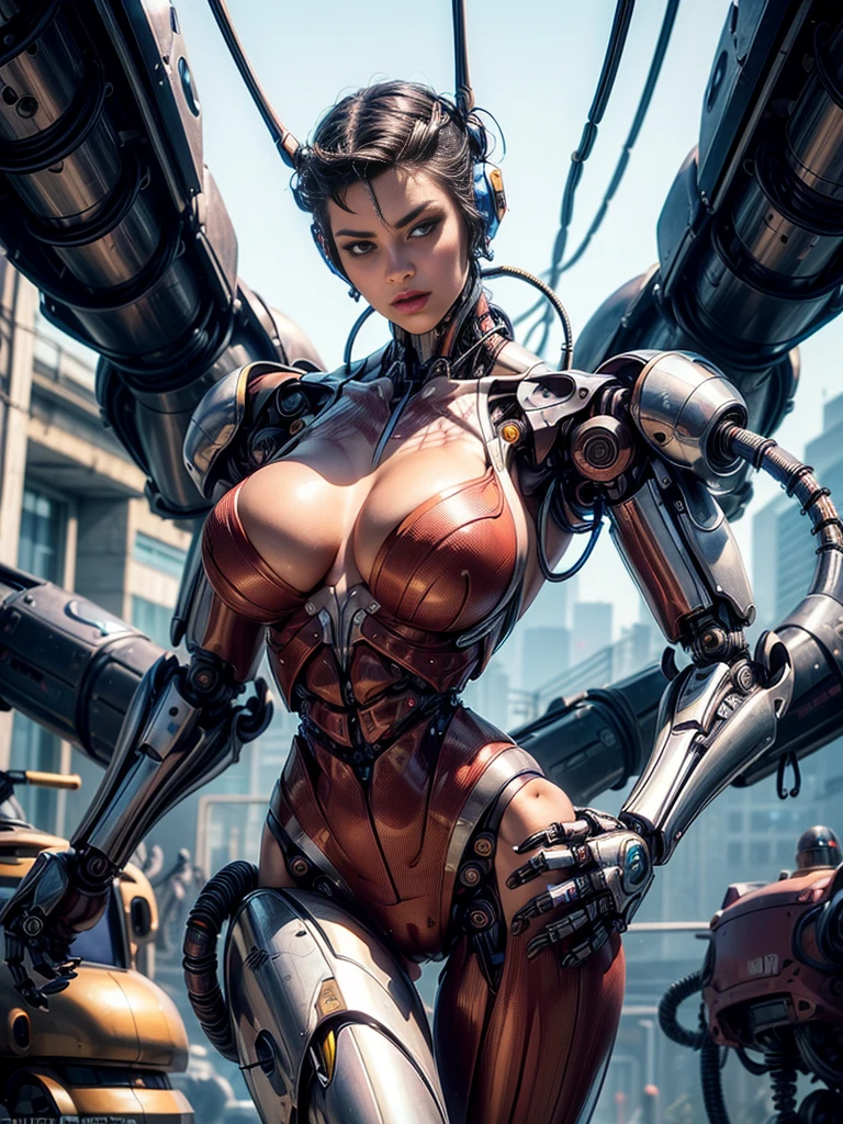 (beautiful cyborg queen:1.5), (robotic mechanical physique:1.5), (1 super muscular cyborg demoness:1.5), (covered in cables and mechanical muscles:1.5), (android muscular anatomy:1.5), (perfect fingers:1.25),(8k, RAW photo, photorealistic:1.25), sci fi atmosphere, futuristic technopia, alien landscape,