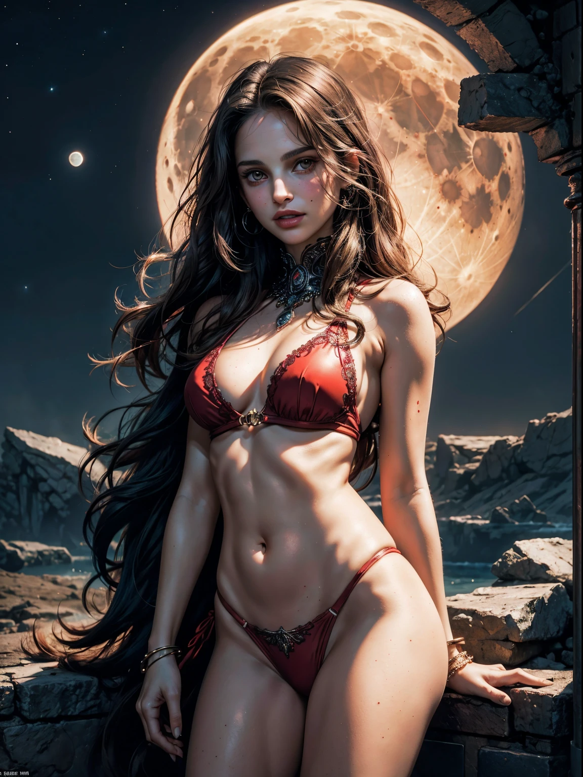 1970's dark fantasy heavy metal disc cover. natalie portman wearing a red tight bikini. gentle smile. (Moon night desolation). freckles. slender and beautiful. intricate detail