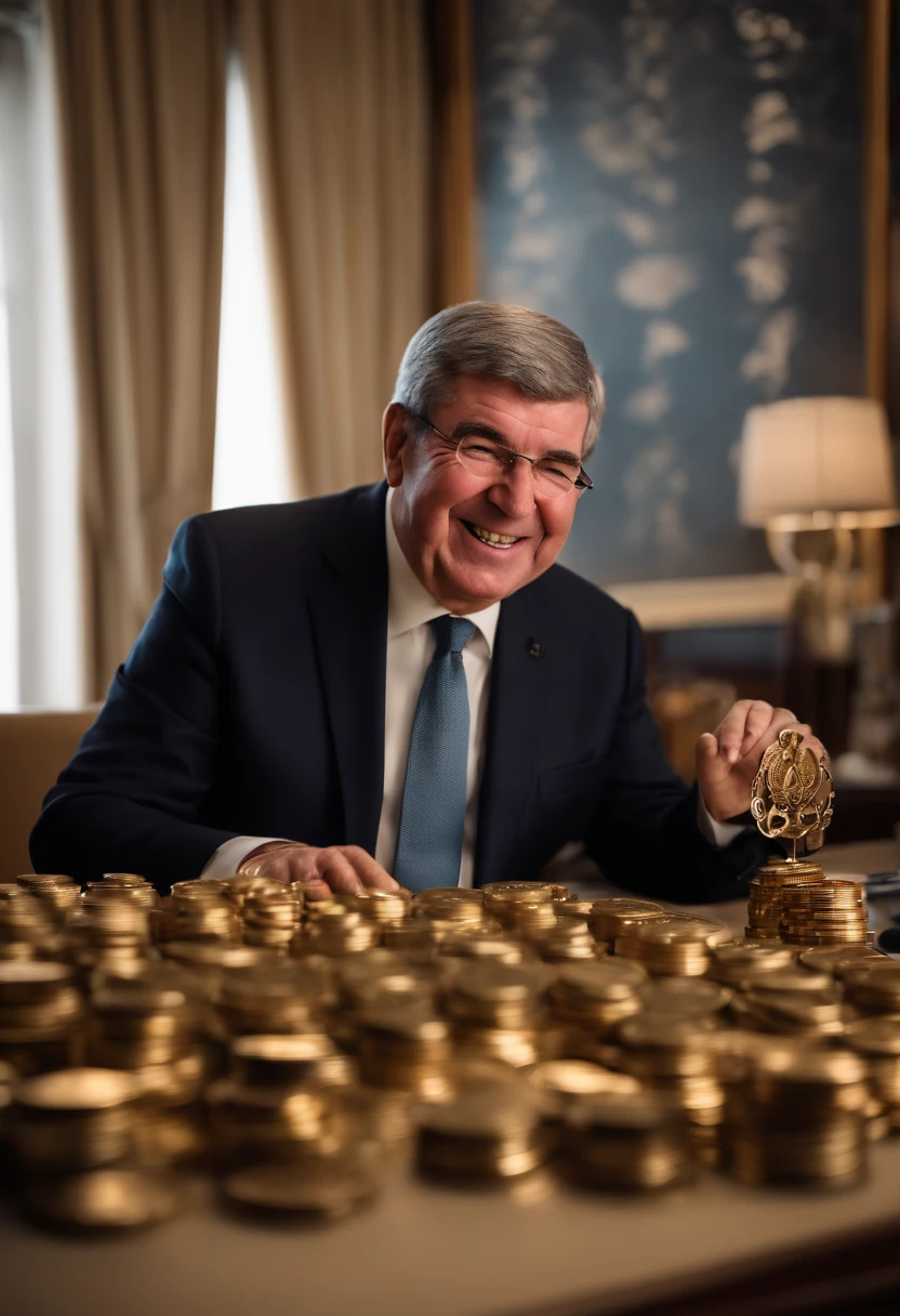 IOC President Thomas Bach in the office of the Orinsuk Secretariat、Japanese dolls, helmets, and large size gifts from Japan、He is smiling while arranging precious metals such as small coins on the table.。big olympic symbol in the background、