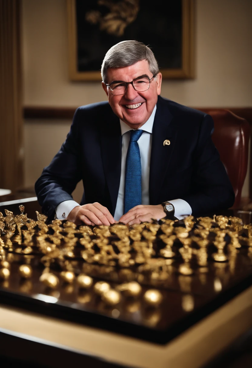IOC President Thomas Bach in the office of the Orinsuk Secretariat、Japanese dolls, helmets, and large size gifts from Japan、He is smiling while arranging precious metals such as small coins on the table.。big olympic symbol in the background、