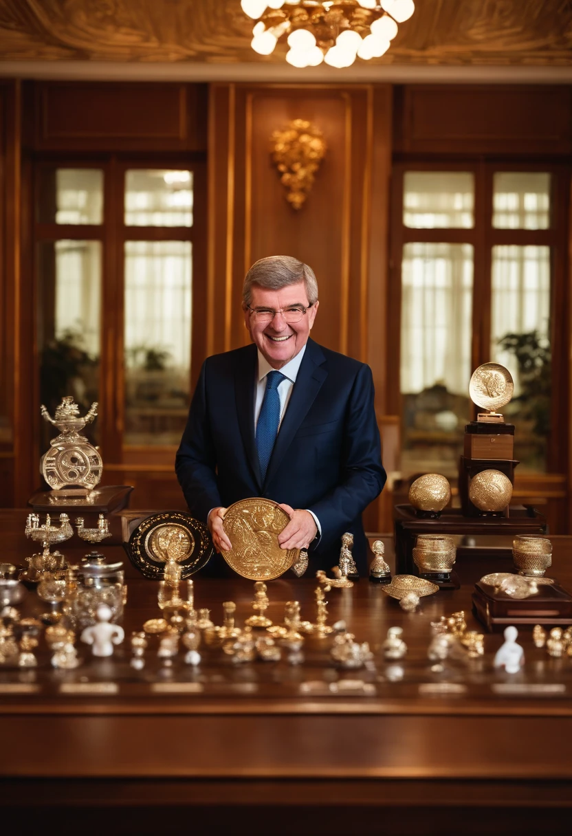IOC President Thomas Bach in the President's Office of the Olympic Secretariat、He is smiling and displaying Japanese dolls, helmets, large and small coins, and other precious metals that were gifts from Japan on the table.。big olympic symbol in the background、