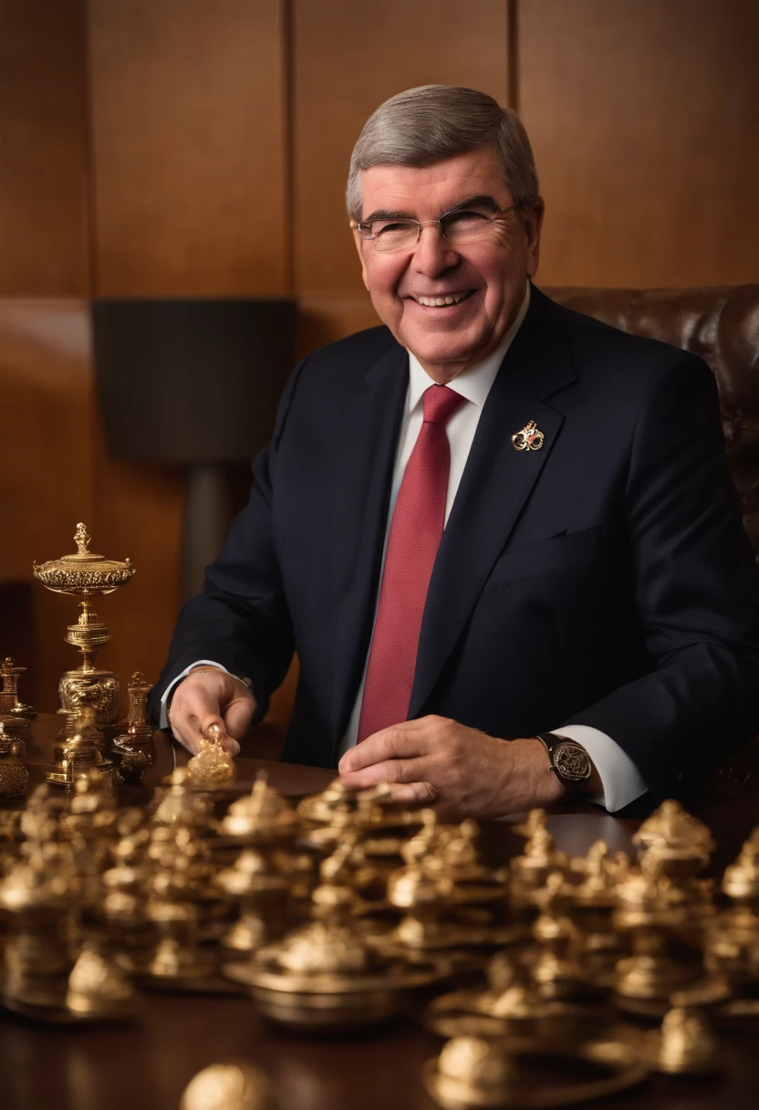 IOC President Thomas Bach in the President&#39;s Office of the Olympic Secretariat、He is smiling and displaying Japanese dolls, helmets, large and small coins, and other precious metals that were gifts from Japan on the table.。big olympic symbol in the background、