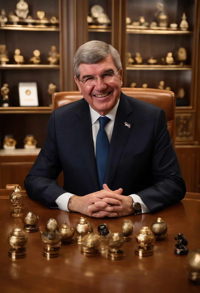 IOC President Thomas Bach in the President's Office of the Olympic Secretariat、He is smiling and displaying Japanese dolls, helmets, large and small coins, and other precious metals that were gifts from Japan on the table.。big olympic symbol in the background、