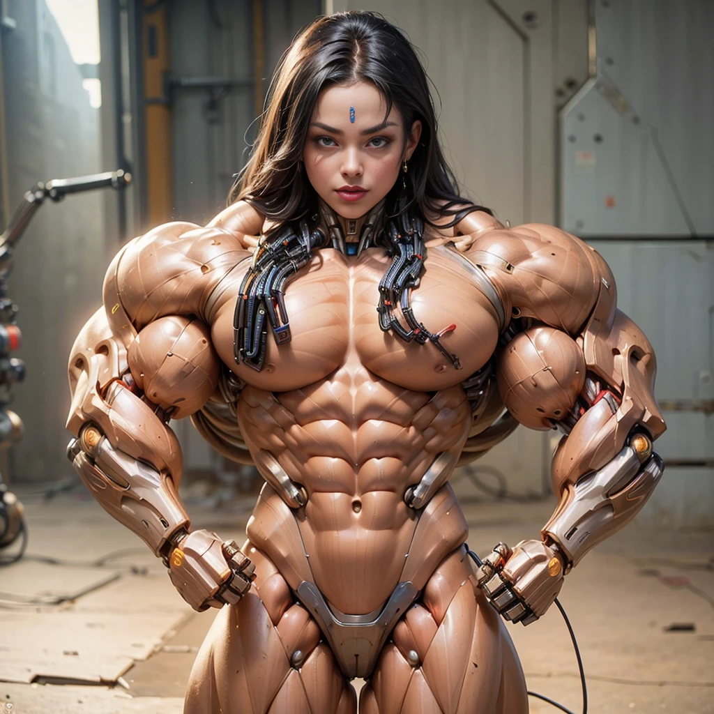 (beautiful cyborg queen:1.5), (robotic mechanical physique:1.5), (1 super muscular cyborg demoness:1.5), (covered in cables and mechanical muscles:1.5), (android muscular anatomy:1.5), (perfect fingers:1.25),(8k, RAW photo, photorealistic:1.25), sci fi atmosphere, futuristic technopia, alien landscape,