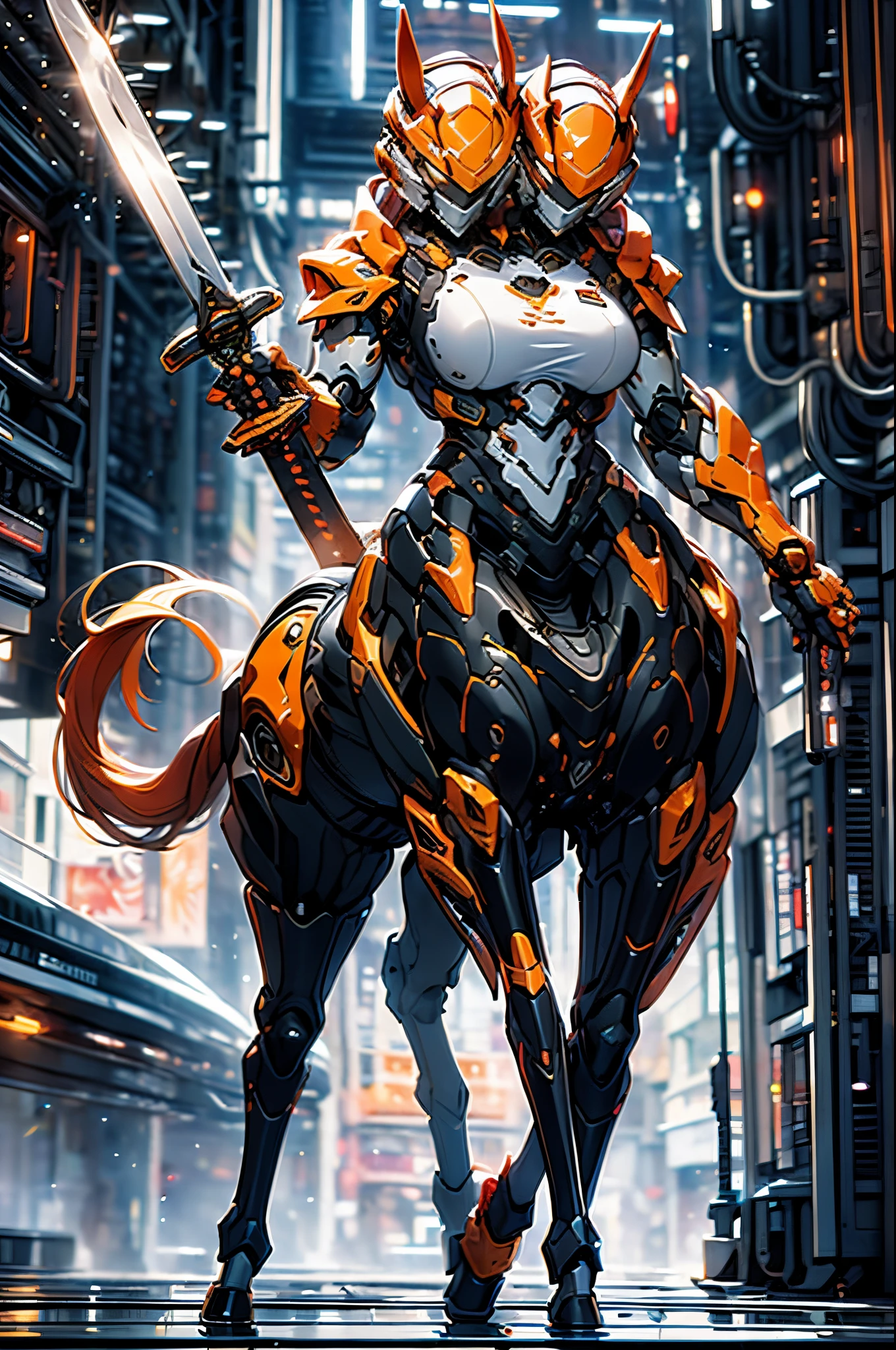 (2heads:1.5), mecha_musume, 1girl, long_hair, science_fiction, weapon, sword, holding_sword, orange_eyes, solo, headgear, holding_weapon, mecha, running, combat, (centaur:1.5)