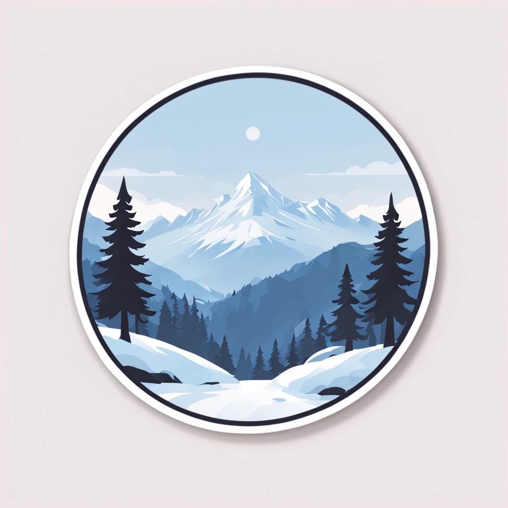 (Sticker),White background,(in circle), winter mountain with pine tree, ,Simple, Ultra detailed, Detailed drawing, vectorised, Silhouette, 8K, professional sticker design, Flat design, Vector lines, Sticker, Full-HD
