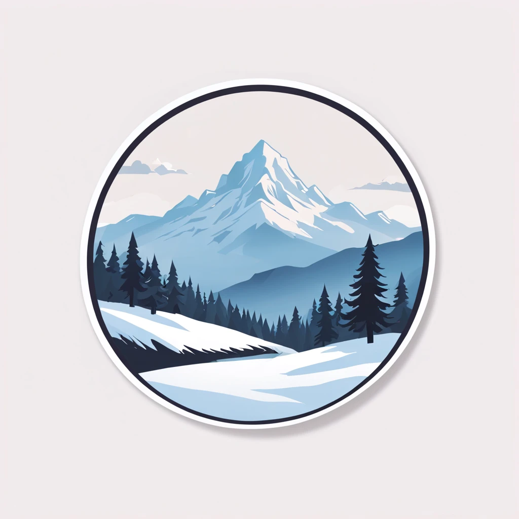 (Sticker),White background,(in circle), winter mountain with pine tree, ,Simple, Ultra detailed, Detailed drawing, vectorised, Silhouette, 8K, professional sticker design, Flat design, Vector lines, Sticker, Full-HD