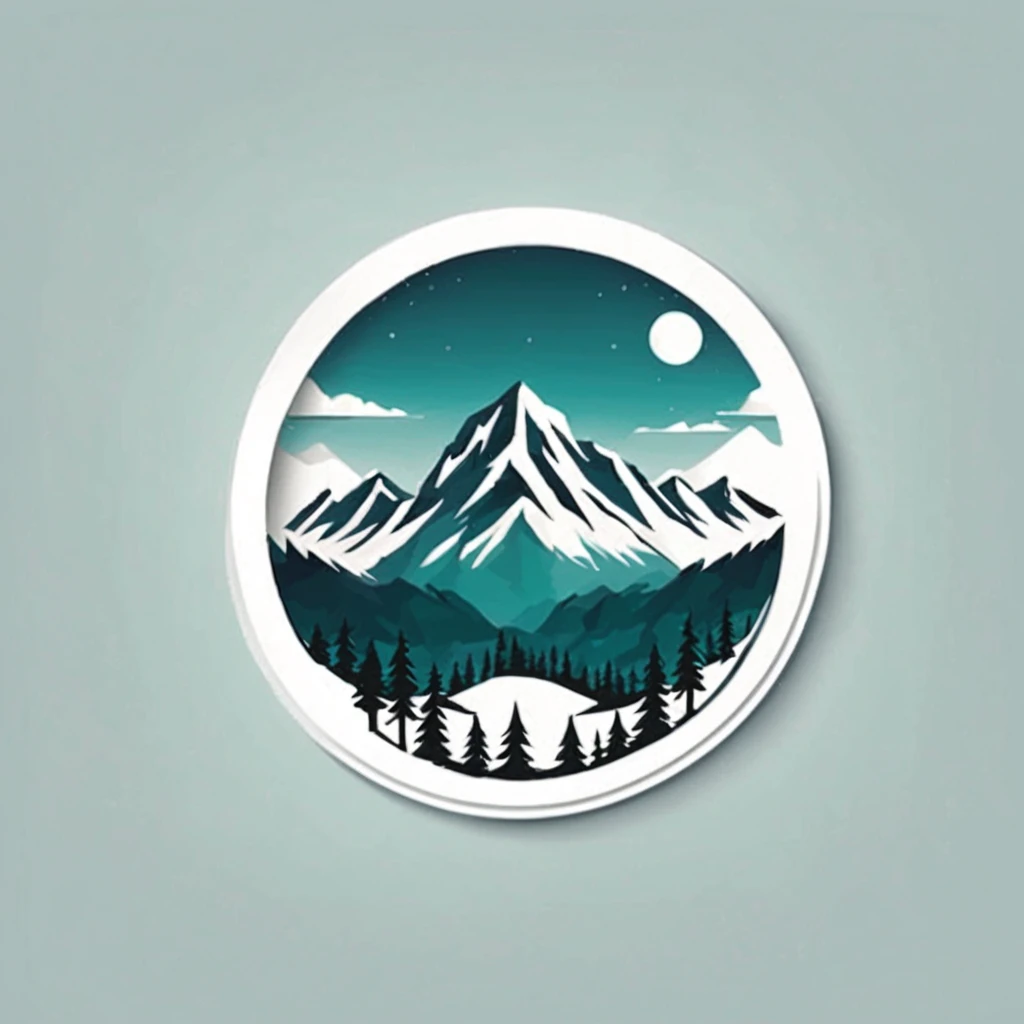 (Sticker),White background,(in circle), winter mountain with pine tree, ,Simple, Ultra detailed, Detailed drawing, vectorised, Silhouette, 8K, professional sticker design, Flat design, Vector lines, Sticker, Full-HD