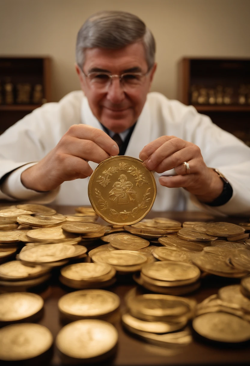IOC President Thomas Bach in his office at the Olinsk Secretariat、(((Japan dolls, Samurai helmet and traditional Japanese sword、She is smiling as she arranges precious metals such as large coins from the Edo period on a table..。Big Olympic ring mark on the background、