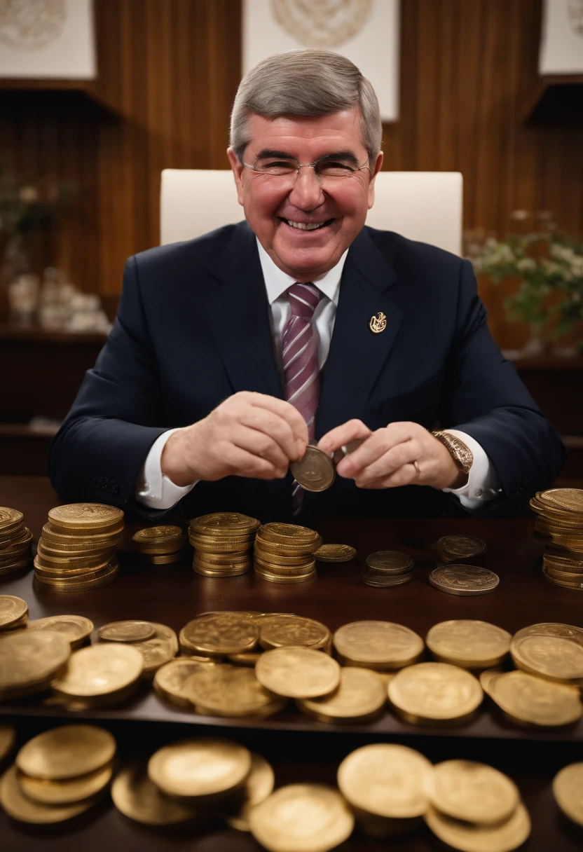 IOC President Thomas Bach in his office at the Olinsk Secretariat、(((Japan dolls, Samurai helmet and traditional Japanese sword、She is smiling as she arranges precious metals such as large coins from the Edo period on a table..。Big Olympic ring mark on the background、