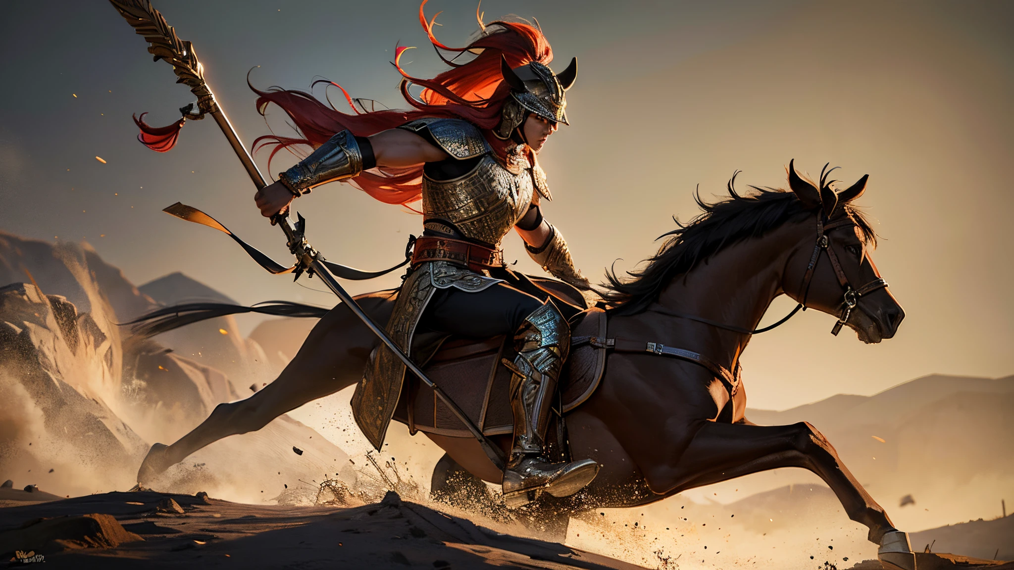 Ancient warrior riding on a fierce looking horse in a battle field. Hes holding a metal spear. Hes super muscular.
