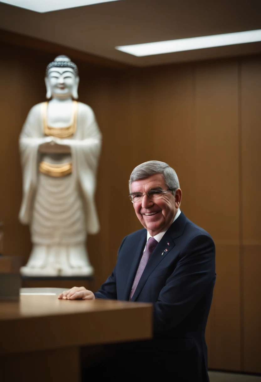 IOC President Thomas Bach in his office at the Olinsk Secretariat、(((Japan dolls, Samurai helmet and traditional Japanese sword、Smile as you line up treasures such as Buddhist statues.。Big Olympic ring mark on the background、