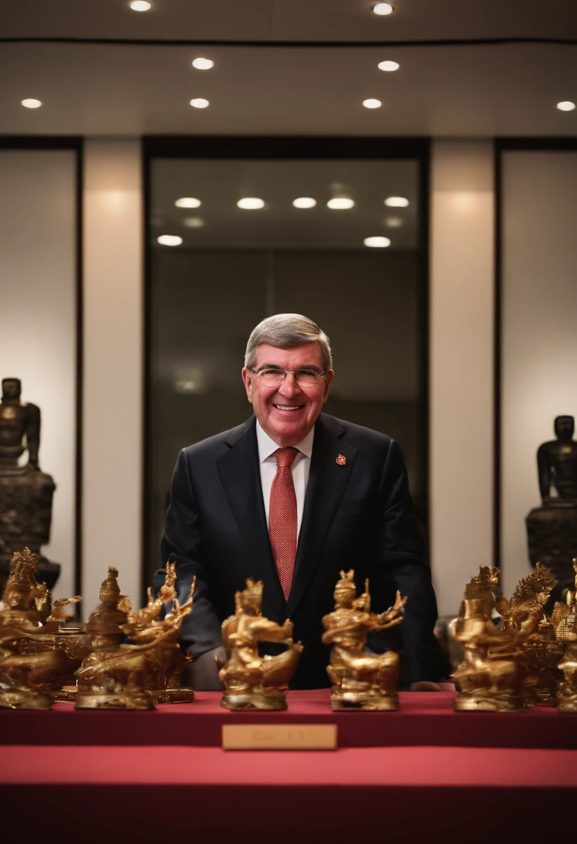 IOC President Thomas Bach in his office at the Olympic Secretariat、(((Japan dolls, Samurai helmet and traditional Japanese sword、Smile as you line up treasures such as Buddhist statues.。Big Olympic ring mark on the background、