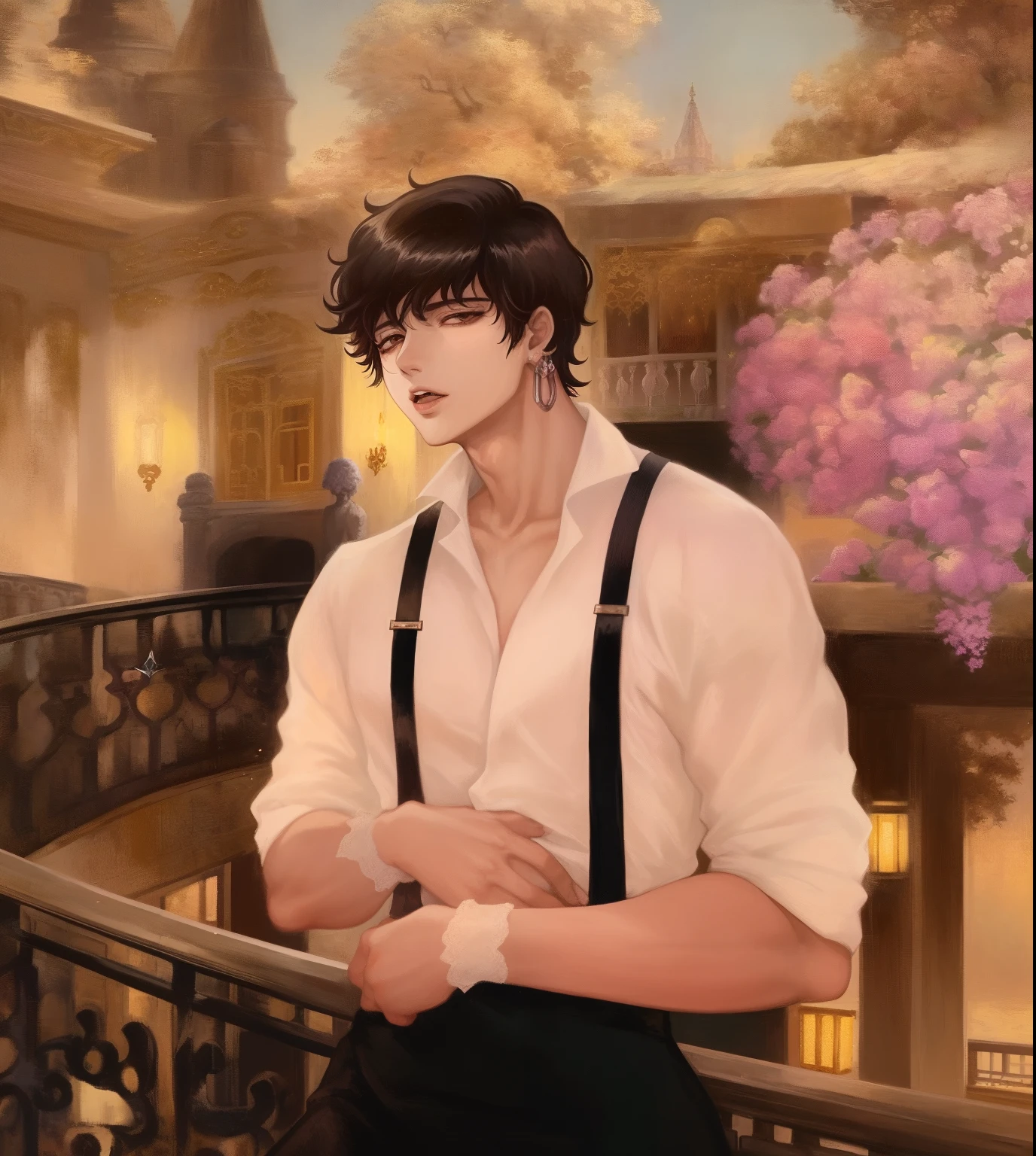 Arafed man in white shirt standing on a balcony, beautiful androgynous prince, Estilo Ilya Kuvishinov, inspired by Kristian Kreković, Dmitry Prozorov estilo, inspirado por Ramon Pichot, Adrien Girod, taken in the early 2020s, Vitaly Bugarov, de tez morena, Namjoon, Jungkook, outfit de fiesta
