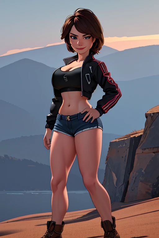 (realistic:1.2), (realism), (masterpiece:1.2), (best quality), (ultra detailed), (8k, 4k, intricate),(full-body-shot:1),(Cowboy-shot:1.2), (85mm),light particles, lighting, (highly detailed:1.2),(detailed face:1.2), (gradients), (detailed background),detailed landscape, (full body portrait:1.2), (dynamic pose:1.2), (rule of third_composition:1.3), (Line of action:1.2), wide shot, solo, daylight, Aunt Cass,1girl, alone, evil smirk, big breasts, sexy pose, looking at viewer, (jacket, crop-top, shorts:1.2),