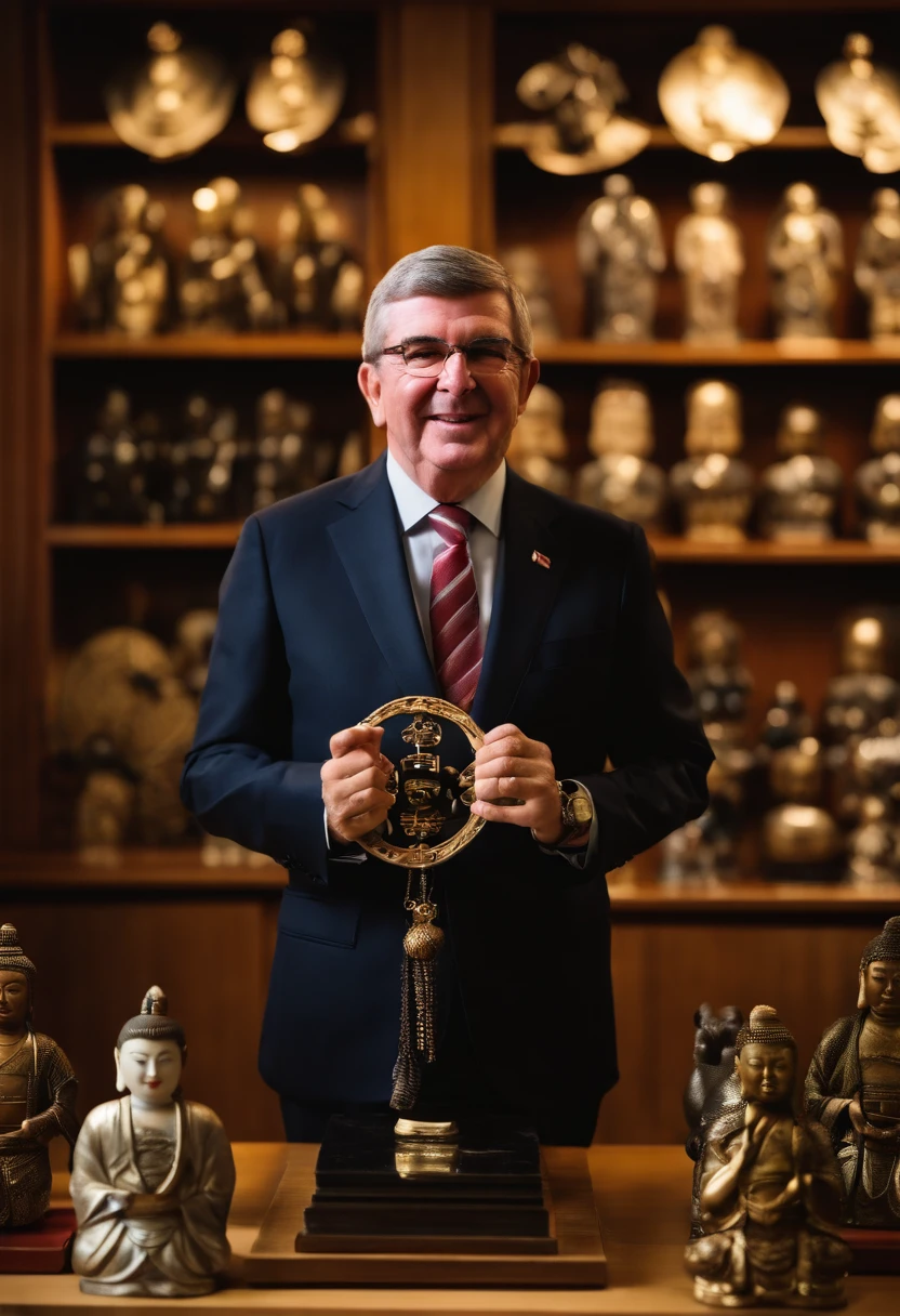 IOC President Thomas Bach in his office at the Orinsuk Secretariat、(((Japan dolls, Samurai helmets, traditional Japanese swords and Buddhist statues)))Smile while arranging treasures such as。A large Olympic ring mark in the background、olympics poster、sports goods、