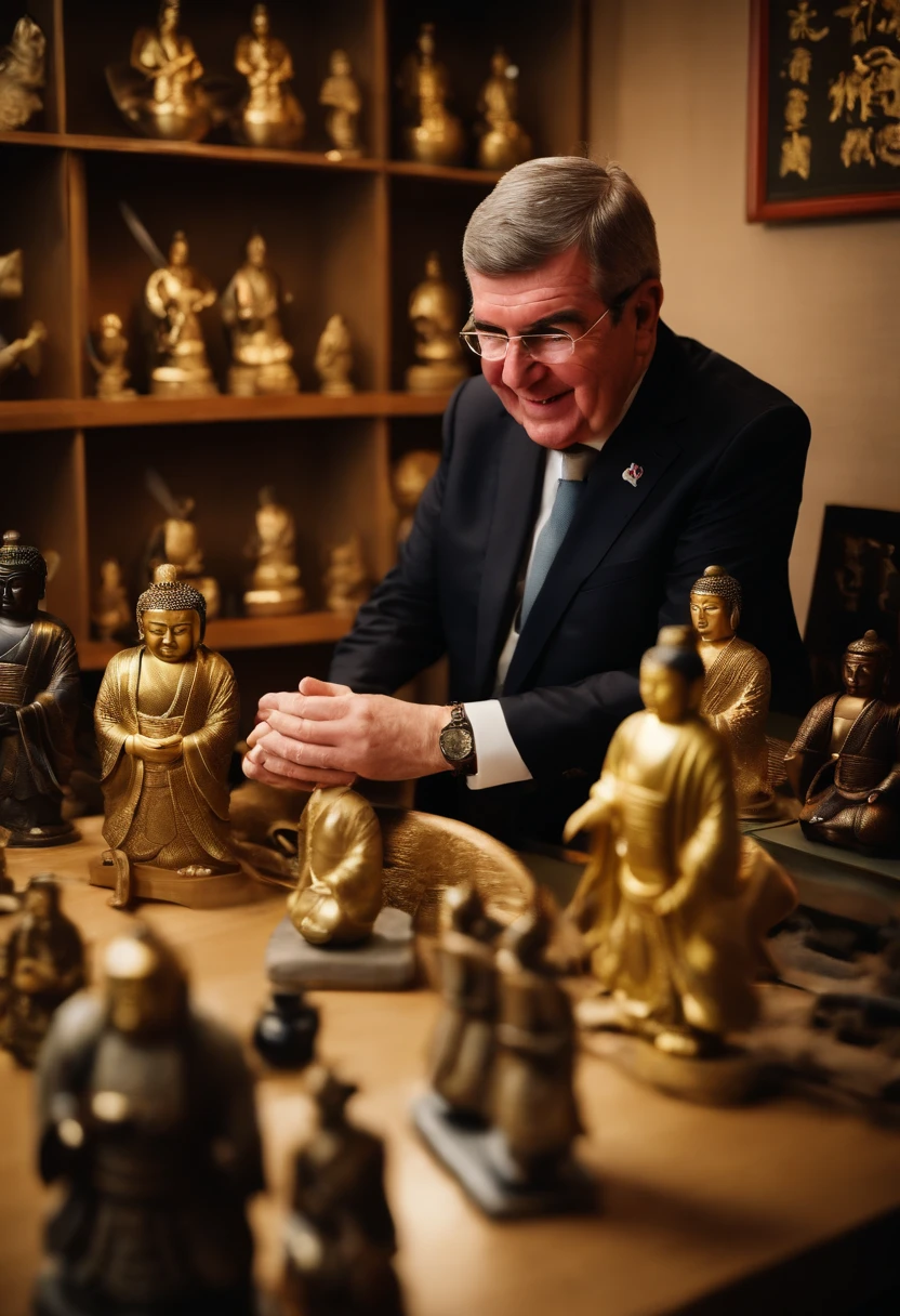 IOC President Thomas Bach in his office at the Orinsuk Secretariat、(((Japan dolls, Samurai helmets, traditional Japanese swords and Buddhist statues)))Smile while arranging treasures such as。A large Olympic ring mark in the background、olympics poster、sports goods、