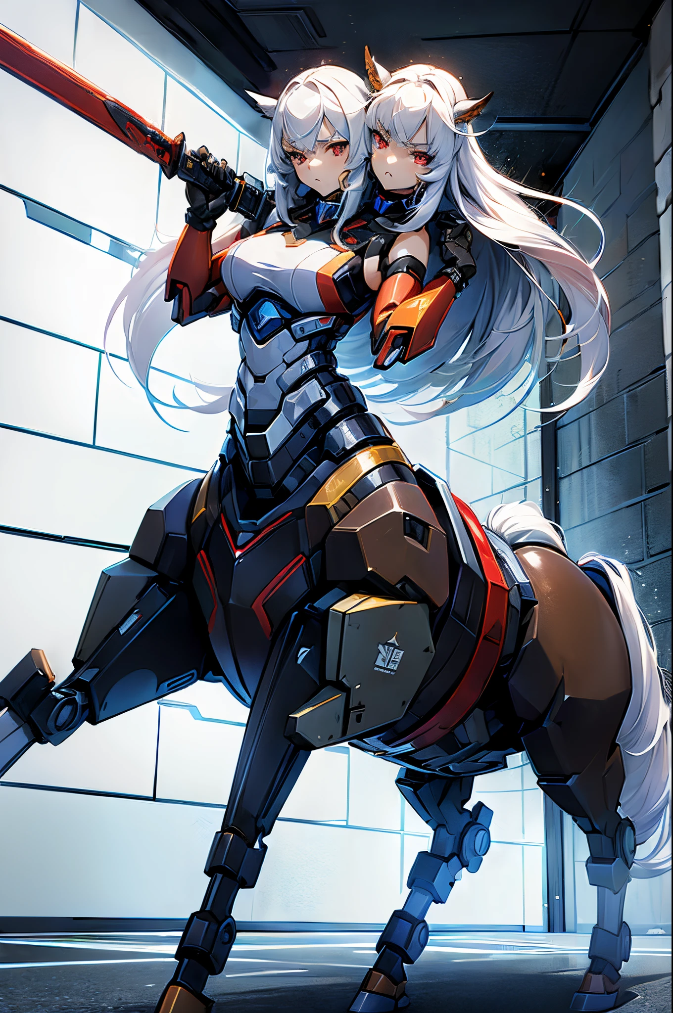 (2heads:1.8), (mecha_musume:1.4), 1girl, long_hair, science_fiction, weapon, sword, holding_sword, red eyes, white hair, long hair, serious, frown, holding_weapon, mecha, running, combat, (centaur:1.4)