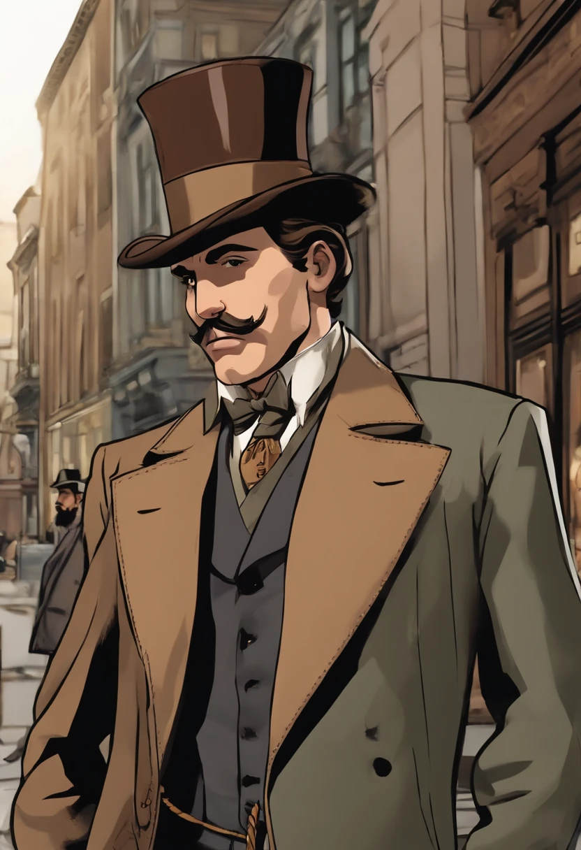 A photo of Jervis holding a large pocket watch and staring intensely at a passerby on the street corner.,Batman: The Animated Series,Jervis is tall, wears a tweed suit and top hat, shoulder length curly brown hair and neat goatee. Famously portrayed by Benedict Samuel, male