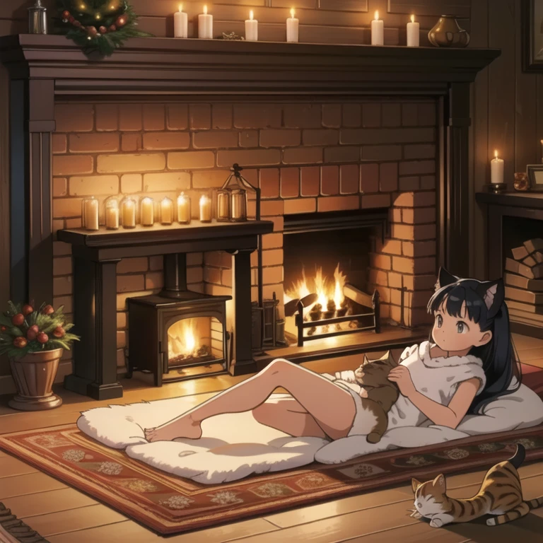 (Wide Shot) Christmas ornaments. Room aglow with firelight, wooden floor, comfy rug, cute and tiny cat lounging by the fireplace. A wide shot capturing the room aglow with the warmth of firelight. Wooden floors and a comfy rug set the stage, with a cat leisurely lounging by the fireplace.