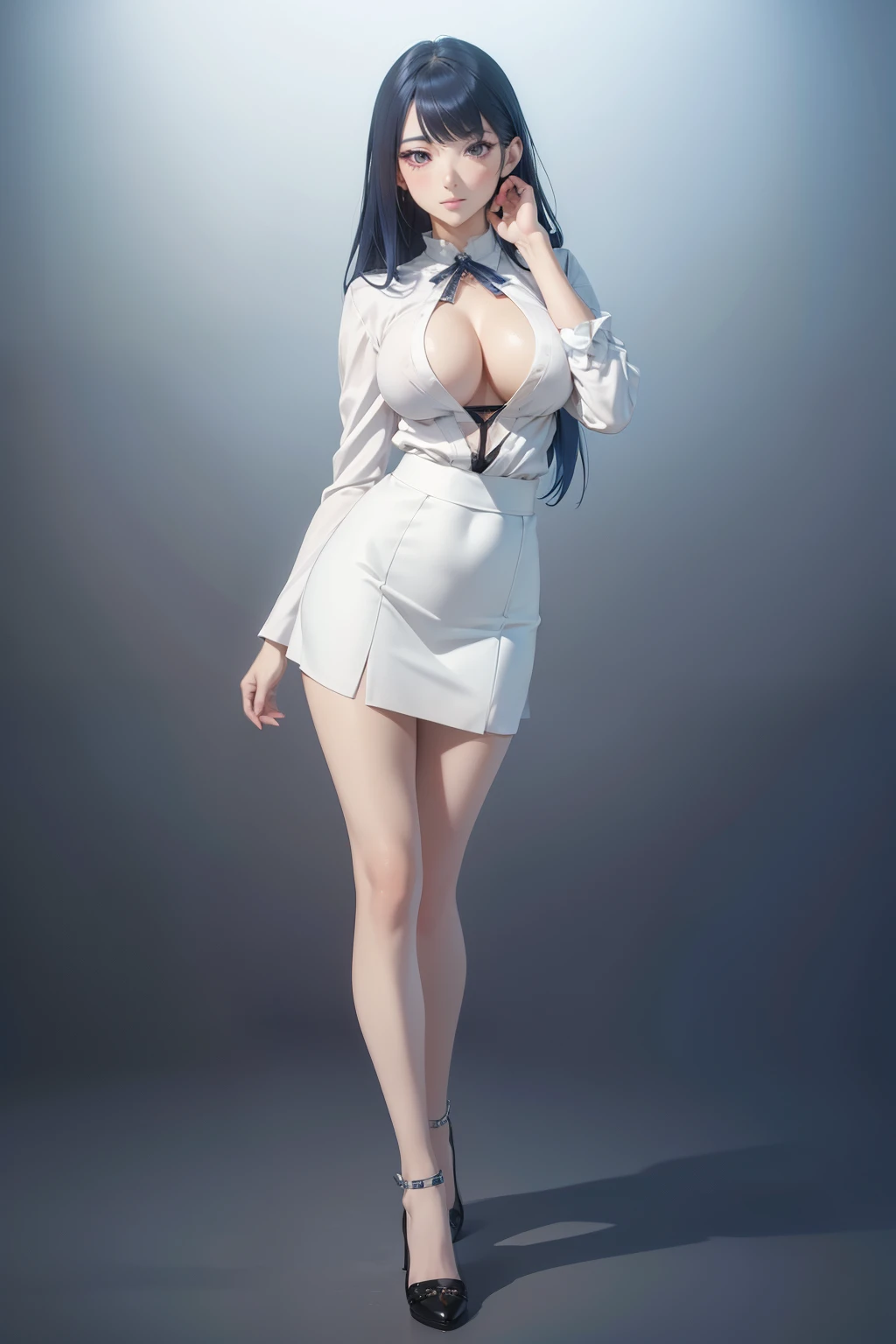 ((masterpiece, best quality, ultra-detailed, ultra-HD, photorealistic, cinematic)), alluring anime girl, average height, (surrealism), (wide shot, full body view:1.5), perfect body, sexy body, perfect face, perfect hands, delicate face, large cleavage, round ass, long round legs, anime - style image of a woman in a short silken skirt and white shirt, seductive anime girl, range murata and artgerm, extremely detailed artgerm, ilya kuvshinov and artgerm, krenz cushart and artgerm, leeloo outfit, photorealistic anime girl render, (blue hair), (sensual pose), (gradient background:1.2), gray eyes, detailed pupils, rosy lips, blushing, slightly parted lips