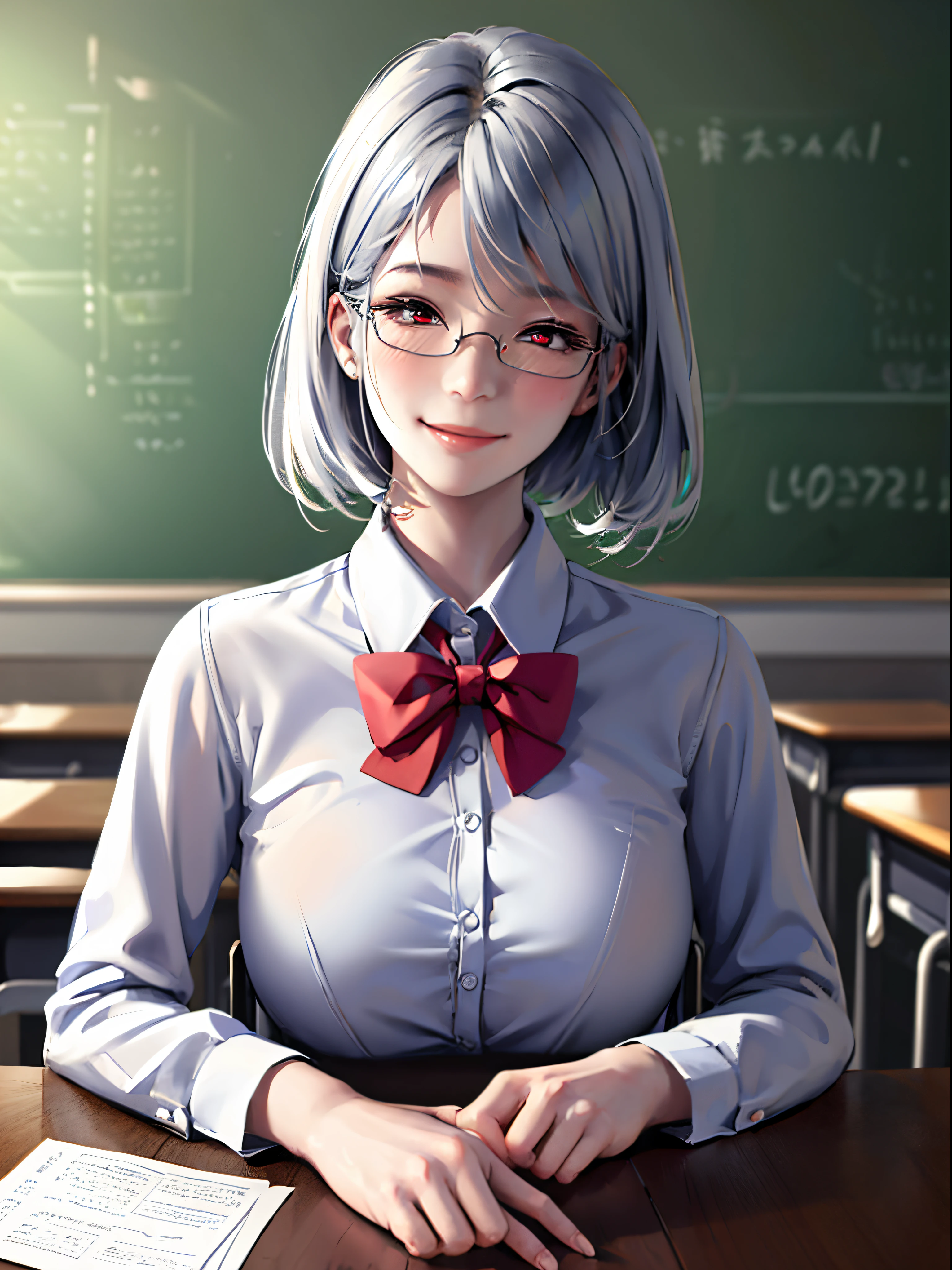 super fine illustration,novel illustration,masterpiece, ultra detailed,1female,solo,glasses,smile,shirt,silver hair,medium hair, school desk, looking at viewer, white shirt, indoors, school chair, blush, classroom, collared shirt, bangs,bowtie,school uniform, red eyes, large breasts,