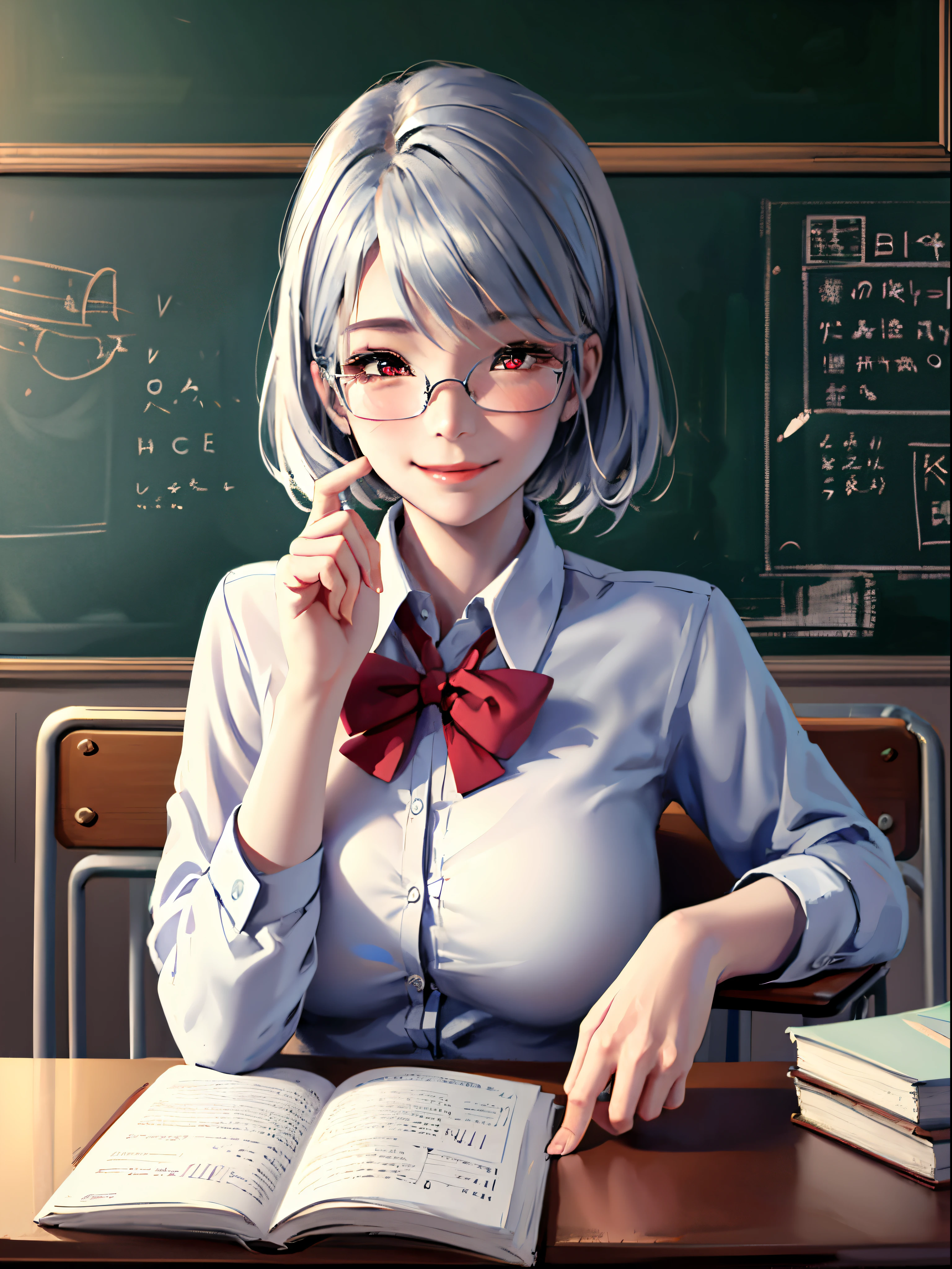 super fine illustration,novel illustration,masterpiece, ultra detailed,1female,solo,glasses,smile,shirt,silver hair,medium hair, school desk, looking at viewer, white shirt, indoors, school chair, blush, classroom, collared shirt, bangs,bowtie,school uniform, red eyes, large breasts,