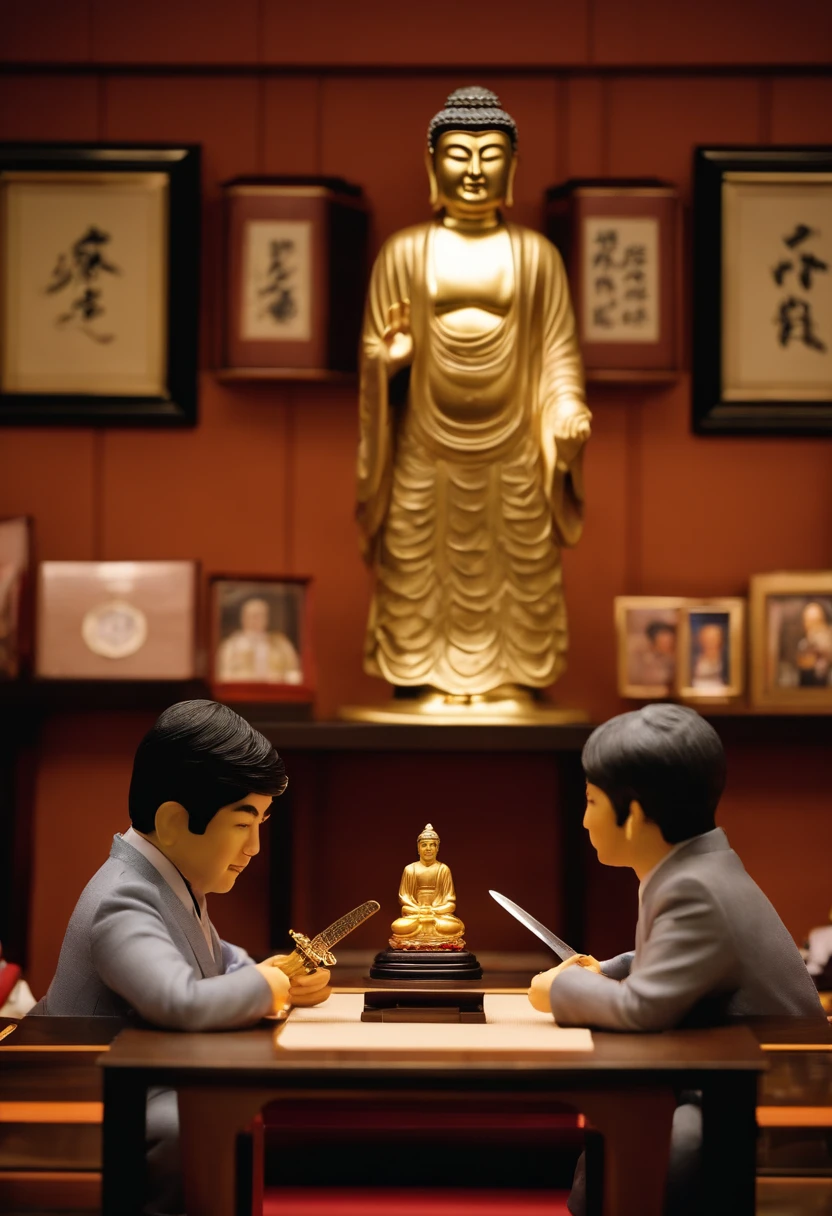 IOC President Thomas Bach and Shinzo Abe in the office of the Olympic Secretariat、(((Japan dolls, samurai helmet, Traditional Japanese sword and Buddha statue)))They are smiling and talking while displaying treasures such as、Big Olympic ring mark on the background、olympic poster、Sporting goods、